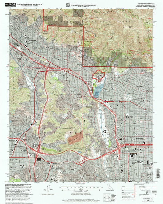 Classic USGS Pasadena California 7.5'x7.5' Topo Map Image