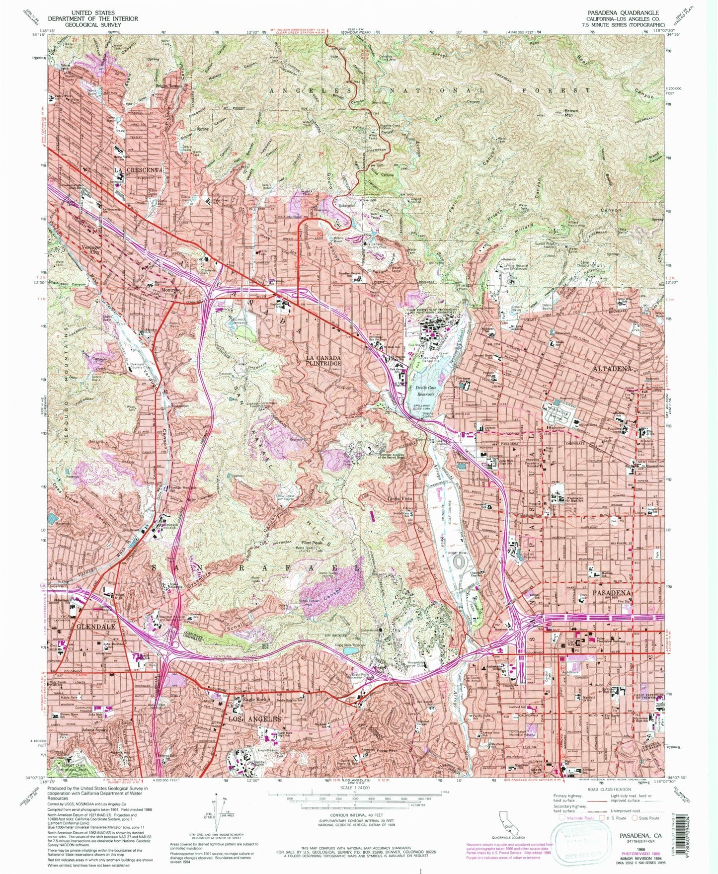 Classic USGS Pasadena California 7.5'x7.5' Topo Map Image