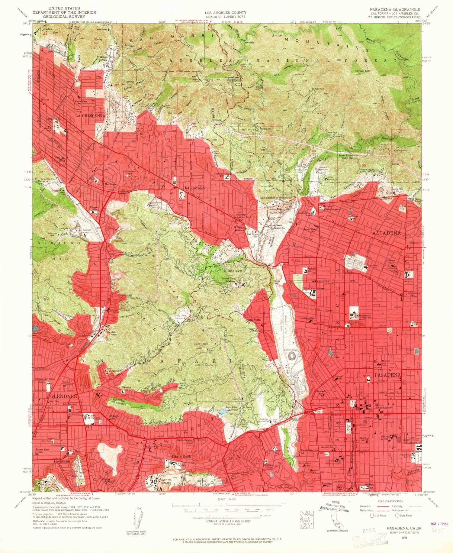 Classic USGS Pasadena California 7.5'x7.5' Topo Map Image