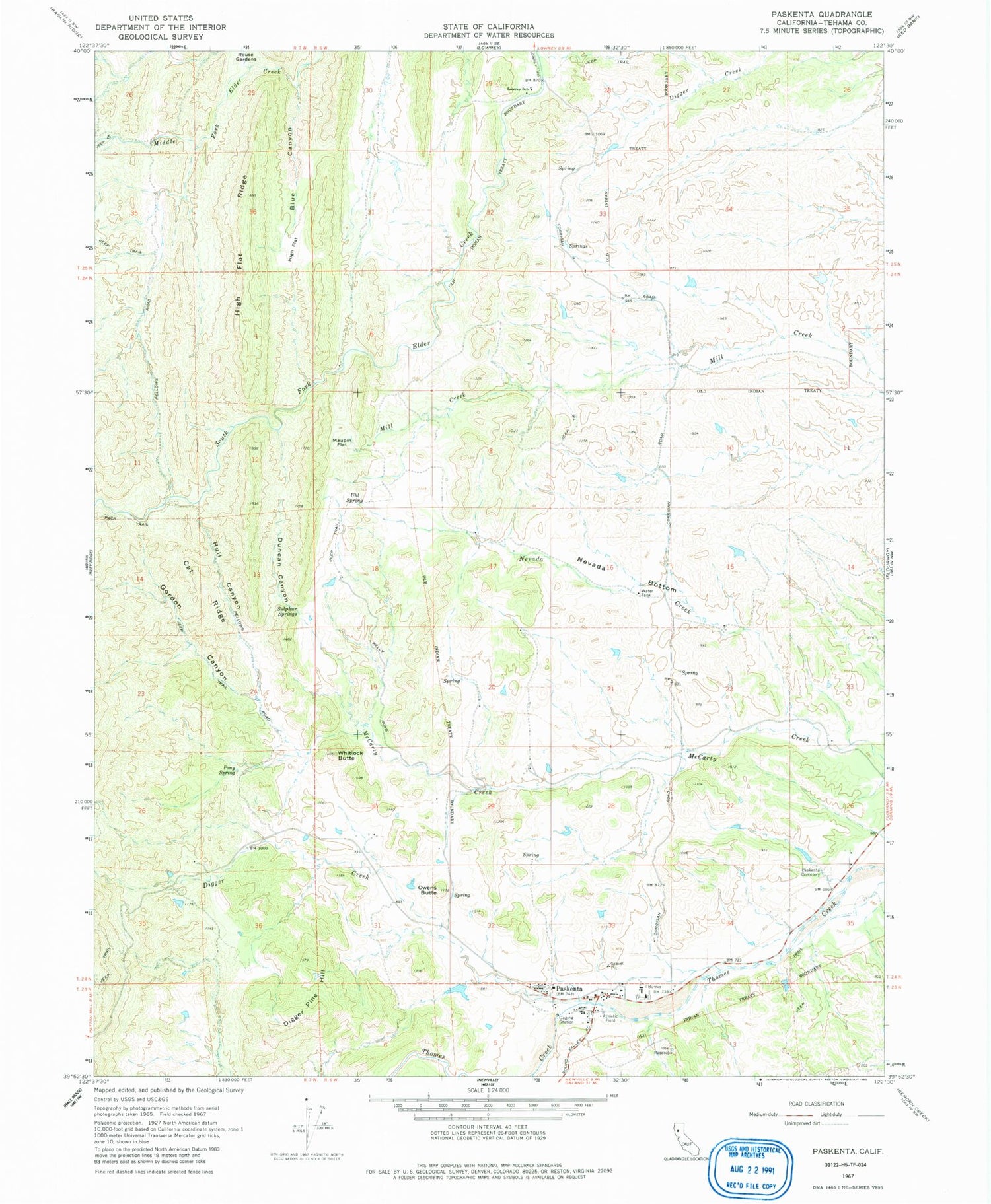 Classic USGS Paskenta California 7.5'x7.5' Topo Map Image