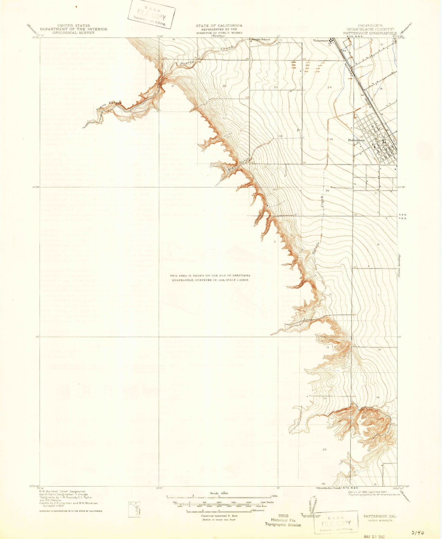Classic USGS Patterson California 7.5'x7.5' Topo Map Image