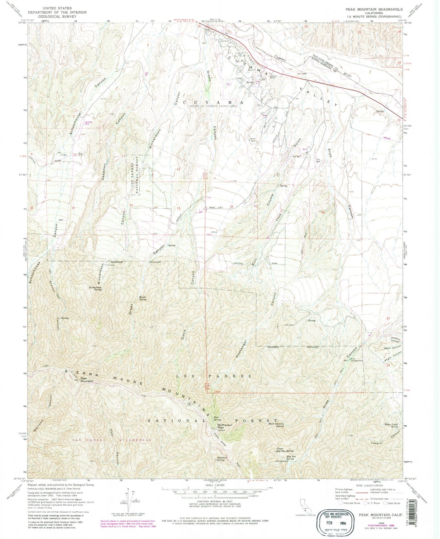 Classic USGS Peak Mountain California 7.5'x7.5' Topo Map Image