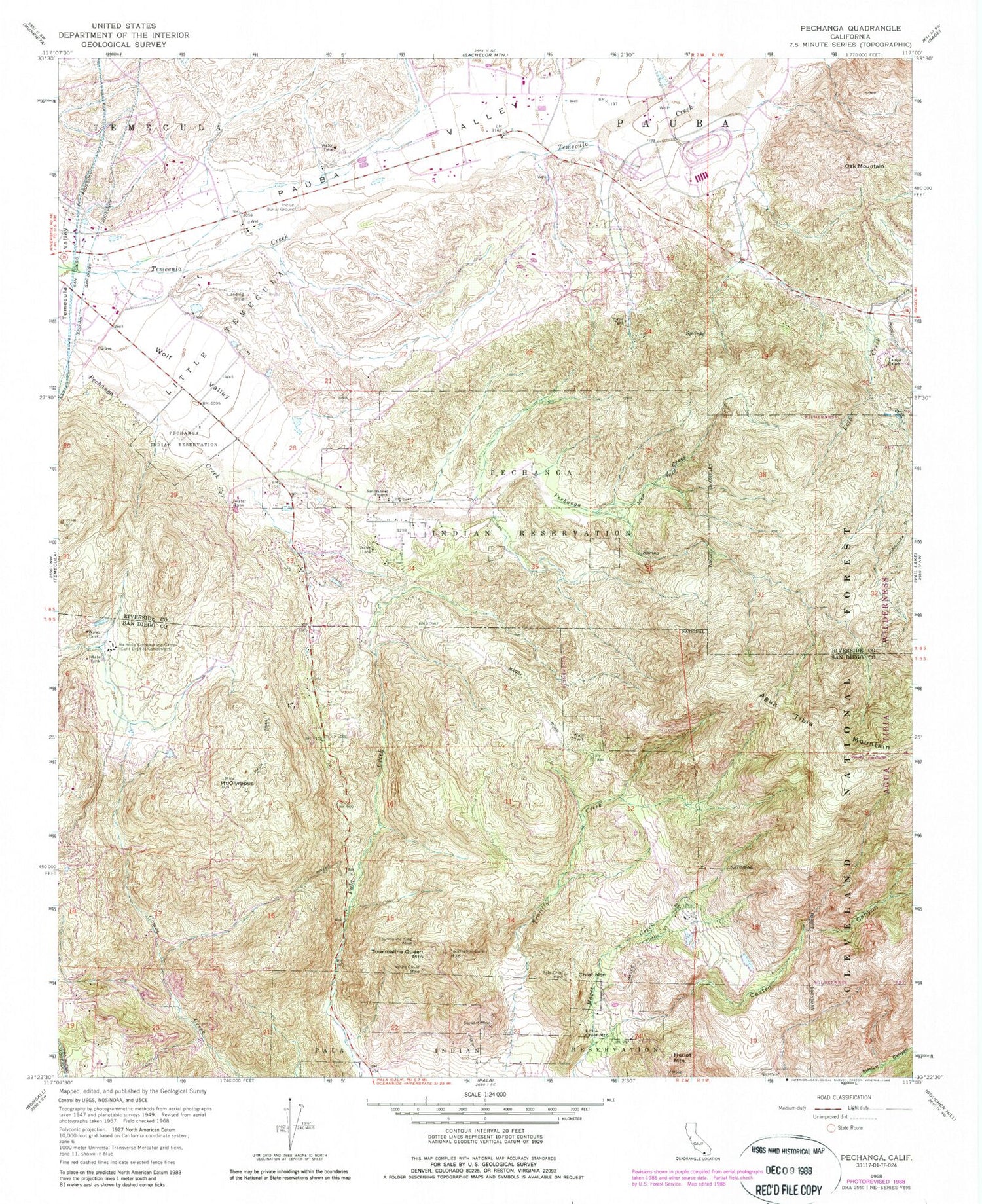 Classic USGS Pechanga California 7.5'x7.5' Topo Map Image