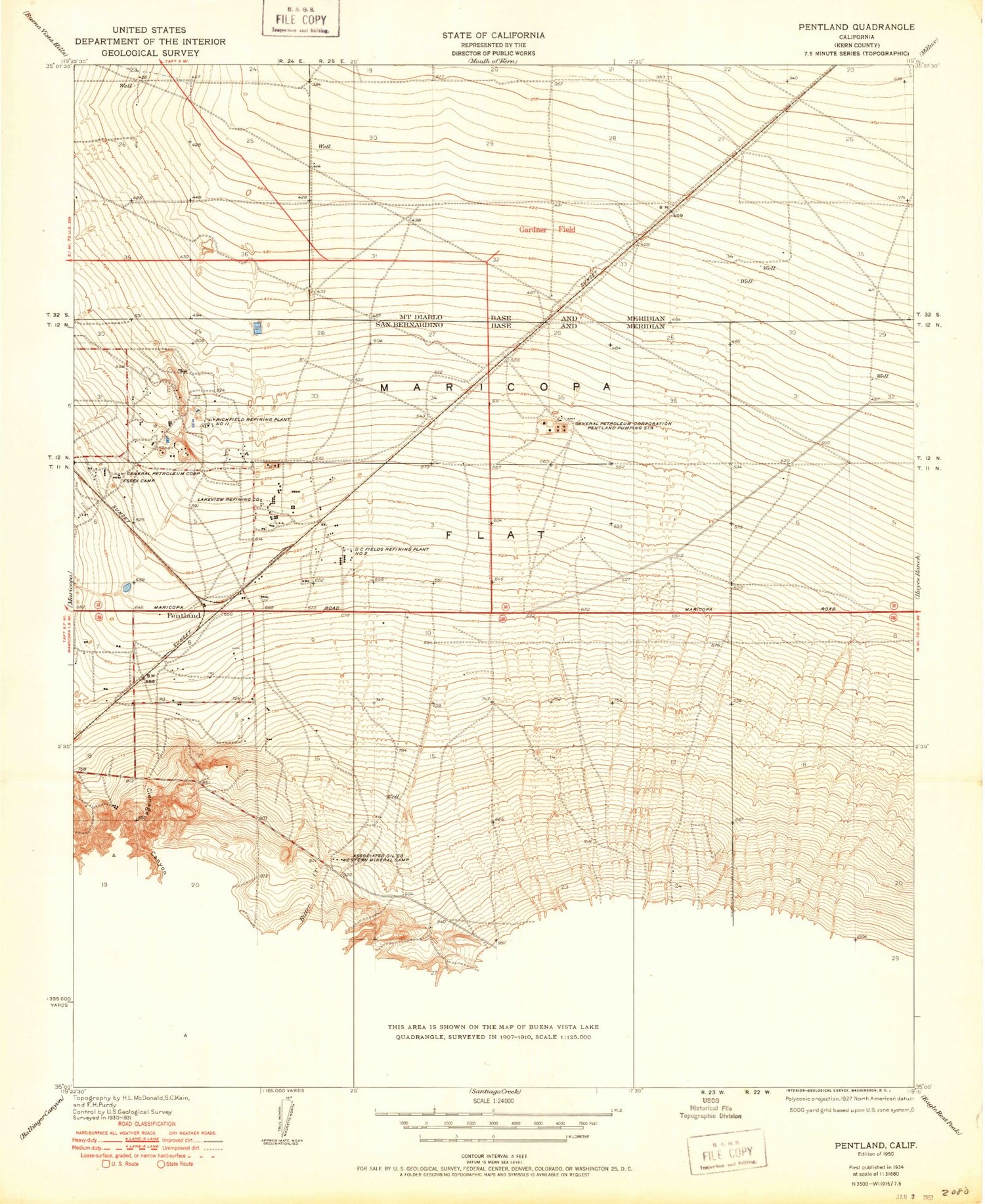 Classic USGS Pentland California 7.5'x7.5' Topo Map Image