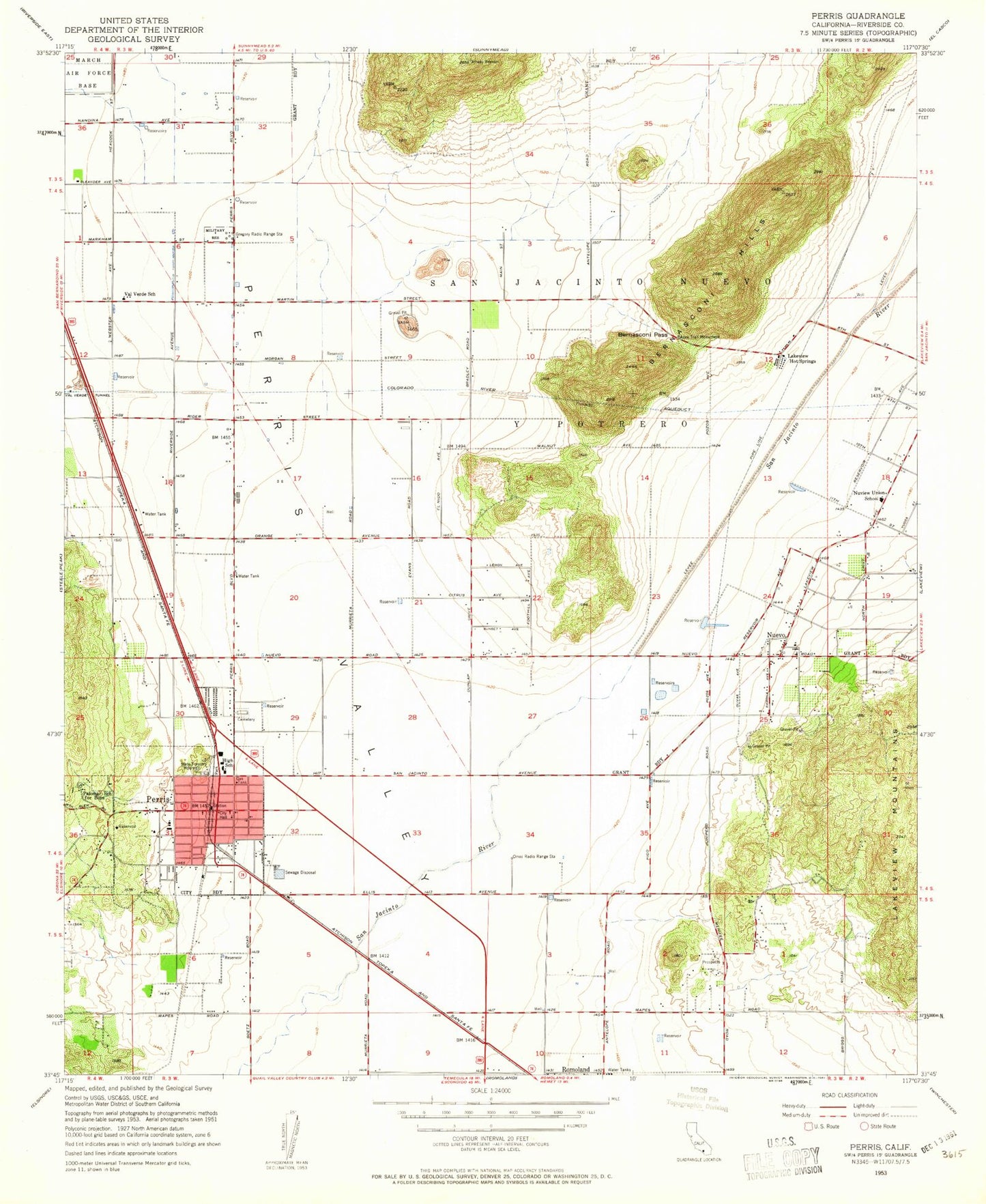 Classic USGS Perris California 7.5'x7.5' Topo Map Image