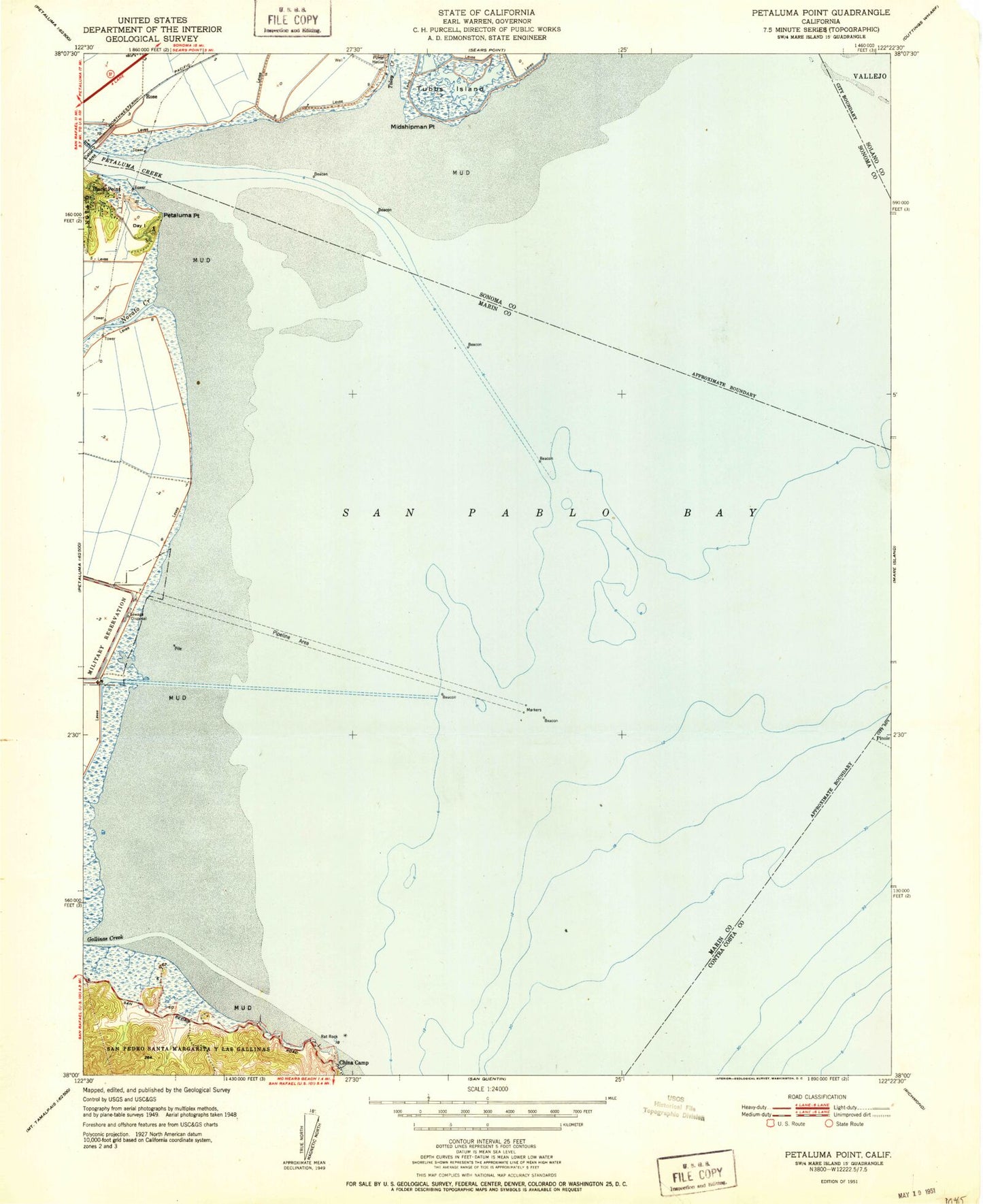 Classic USGS Petaluma Point California 7.5'x7.5' Topo Map Image