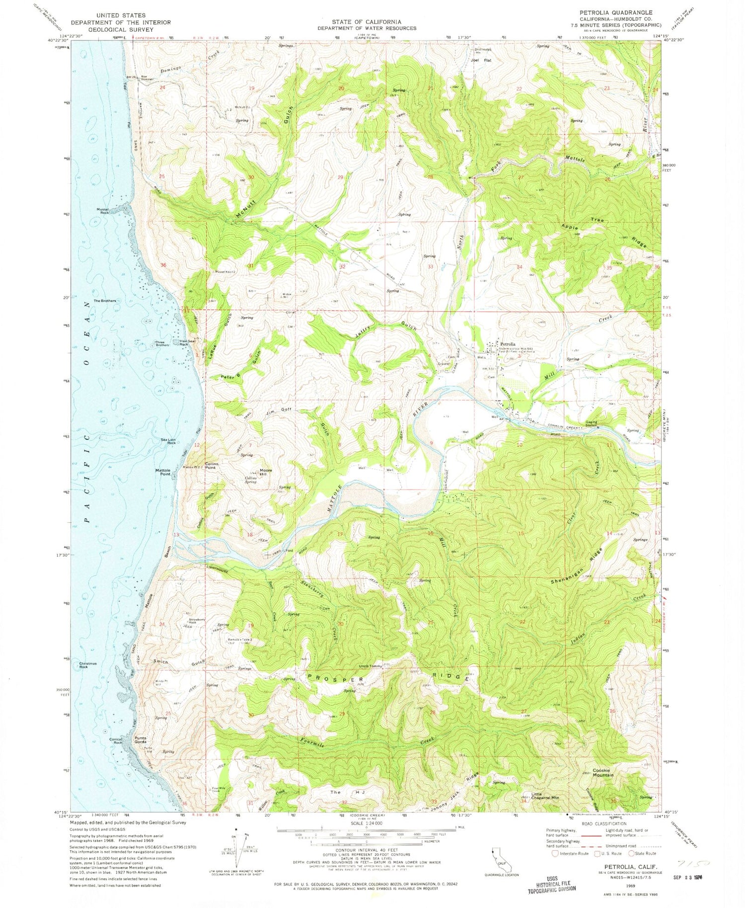 Classic USGS Petrolia California 7.5'x7.5' Topo Map Image