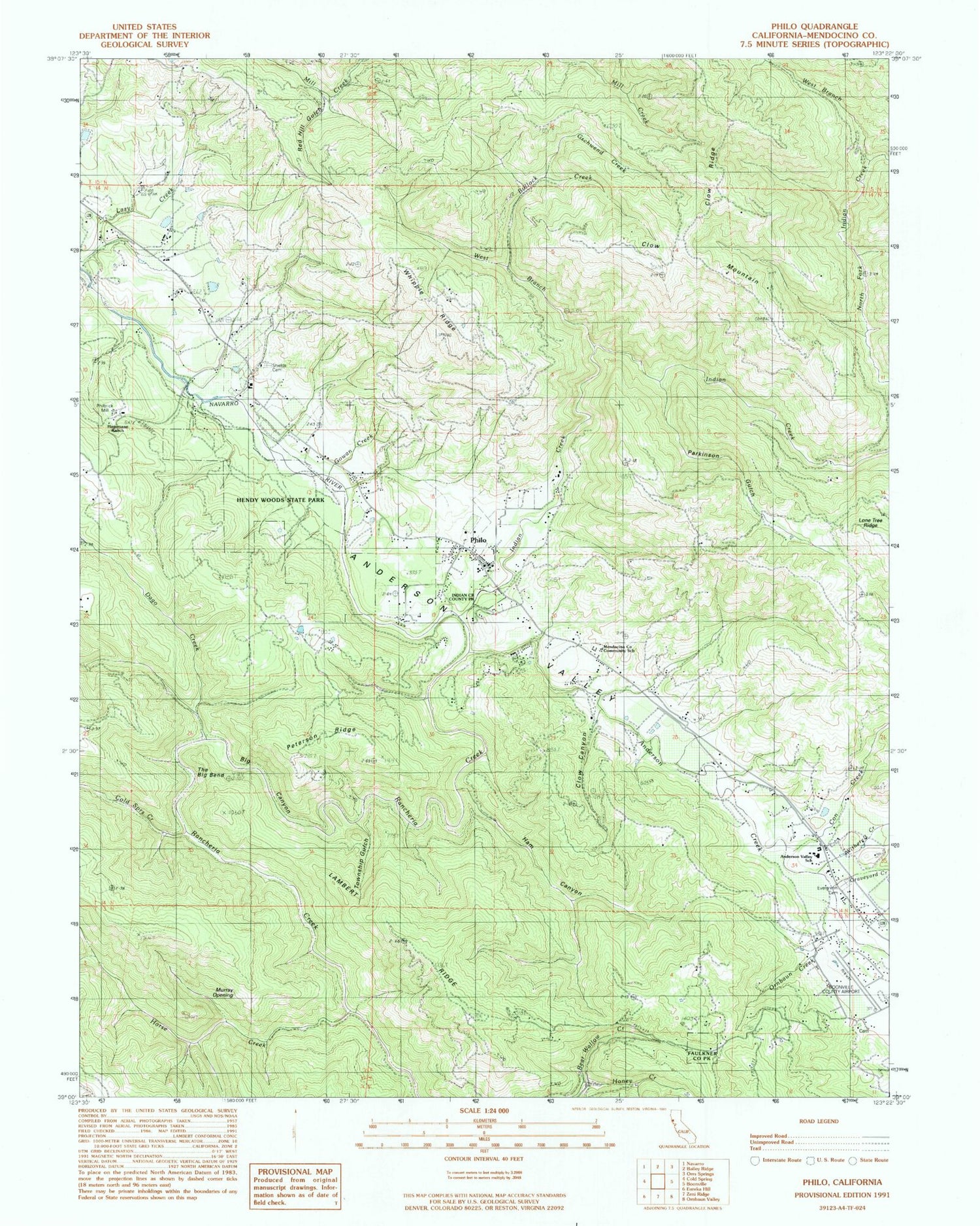 Classic USGS Philo California 7.5'x7.5' Topo Map Image
