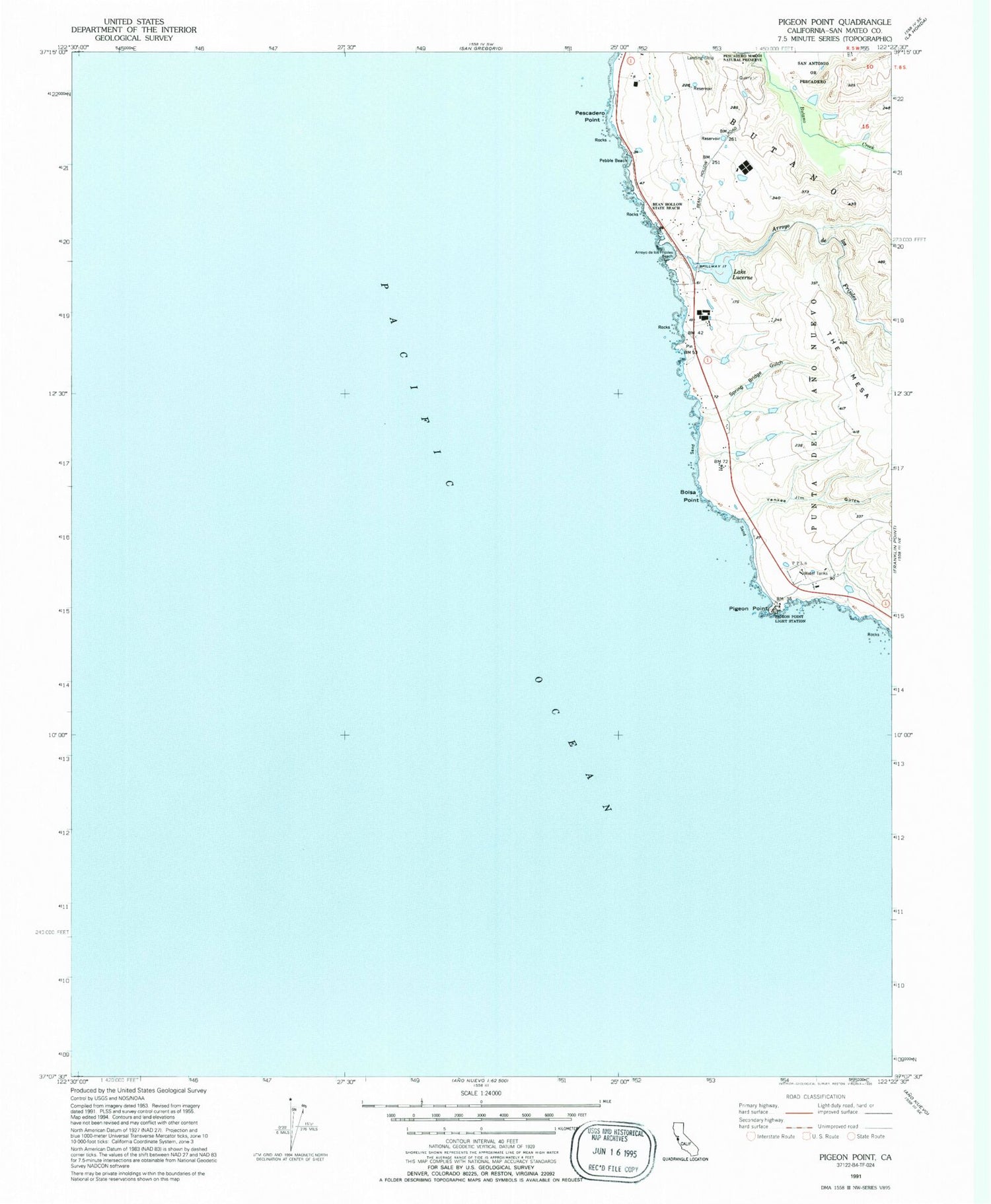 Classic USGS Pigeon Point California 7.5'x7.5' Topo Map Image