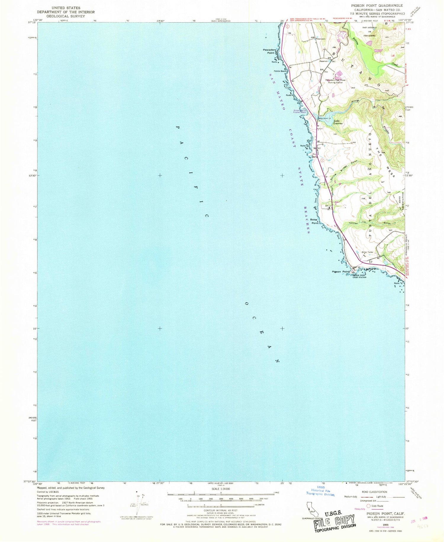 Classic USGS Pigeon Point California 7.5'x7.5' Topo Map Image