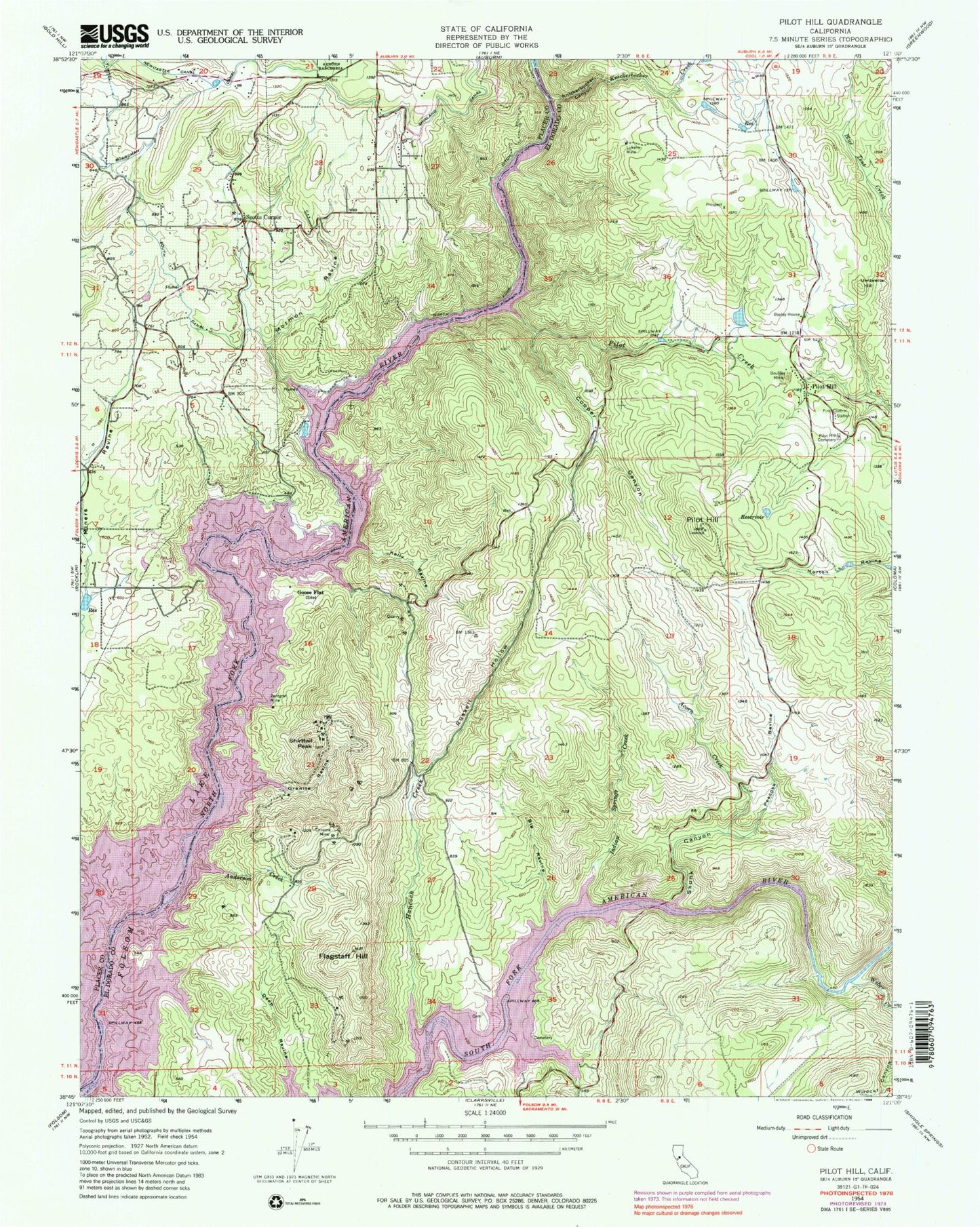 Classic USGS Pilot Hill California 7.5'x7.5' Topo Map Image