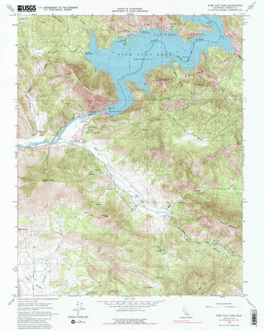 Classic USGS Pine Flat Dam California 7.5'x7.5' Topo Map Image