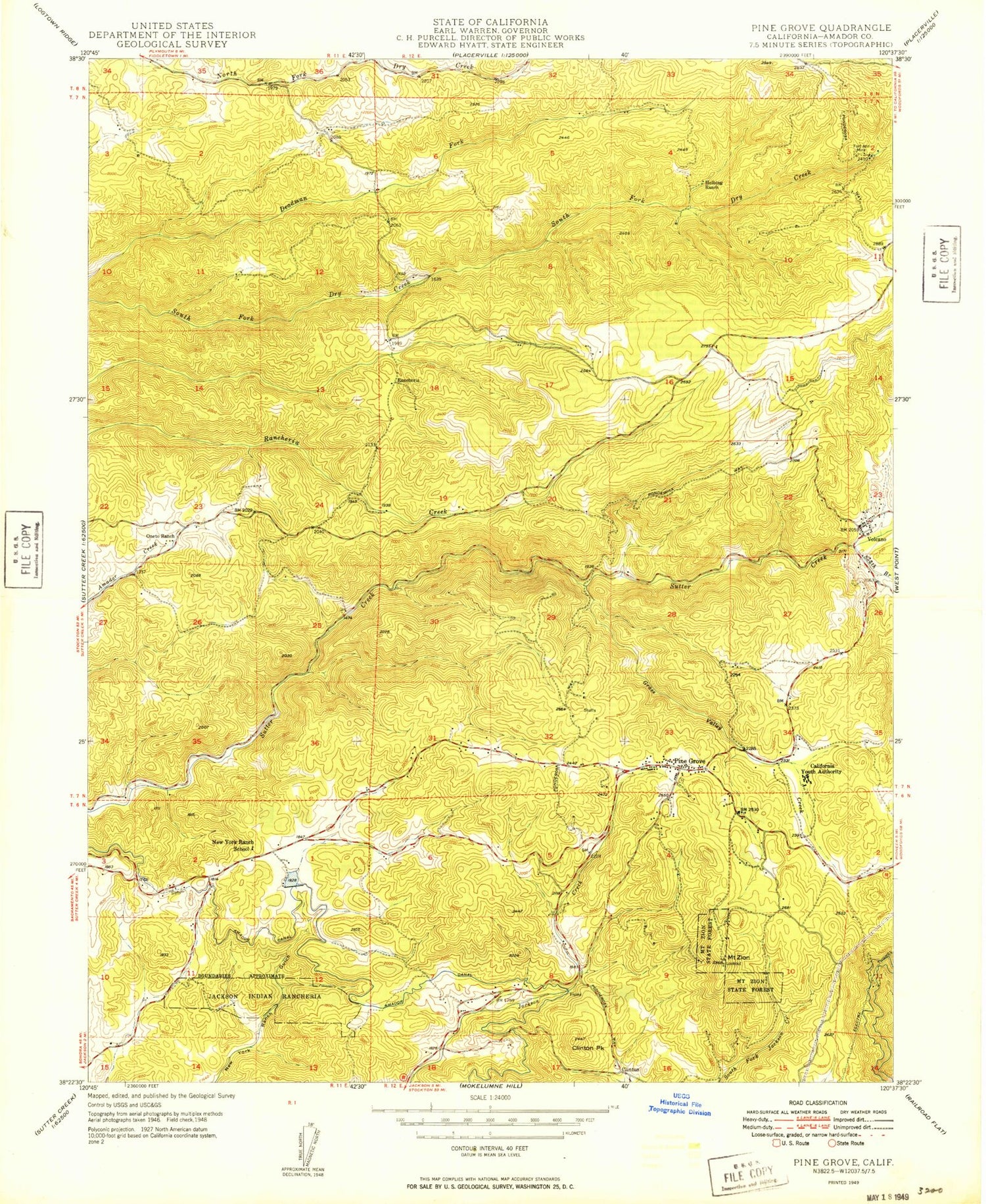 Classic USGS Pine Grove California 7.5'x7.5' Topo Map Image