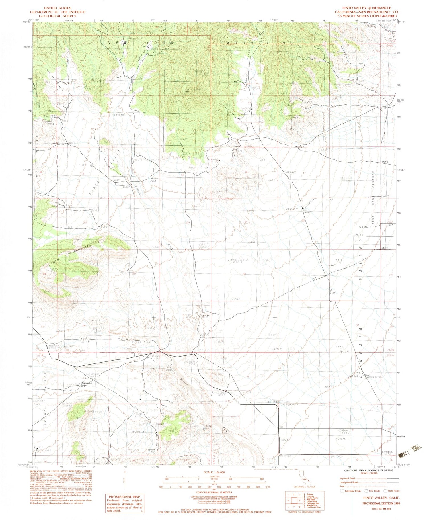 Classic USGS Pinto Valley California 7.5'x7.5' Topo Map Image