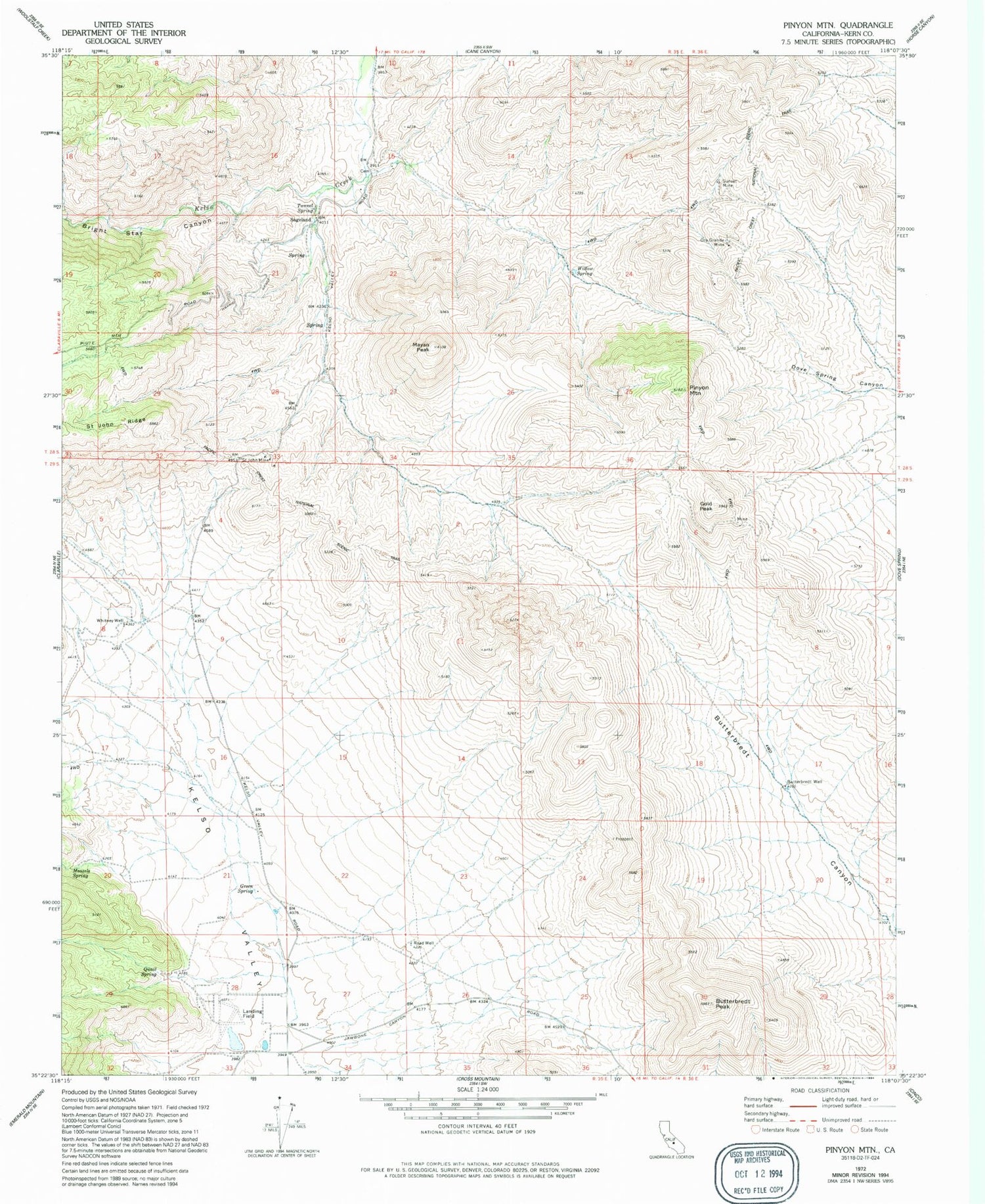 Classic USGS Pinyon Mountain California 7.5'x7.5' Topo Map Image