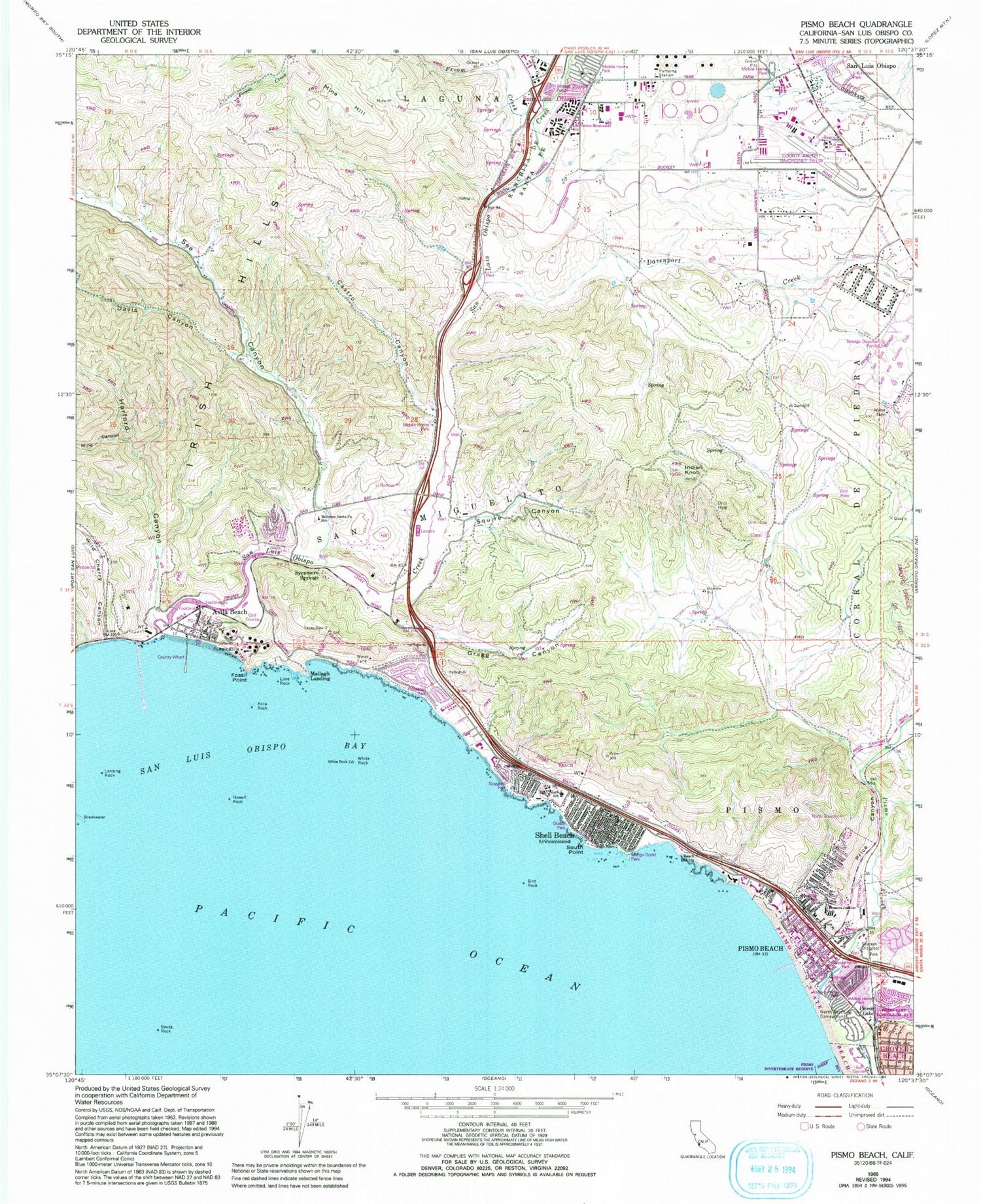Classic USGS Pismo Beach California 7.5'x7.5' Topo Map Image