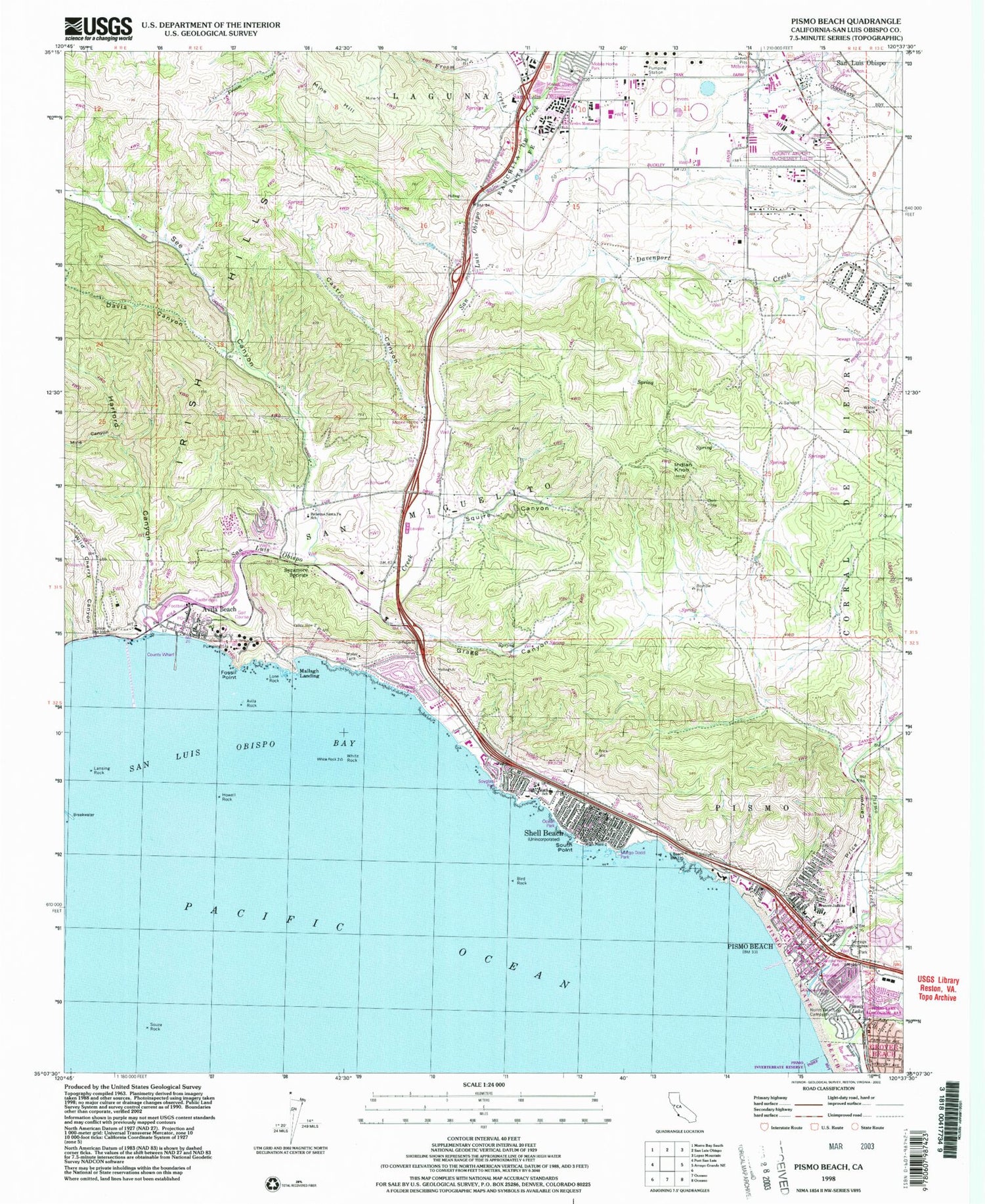 Classic USGS Pismo Beach California 7.5'x7.5' Topo Map Image
