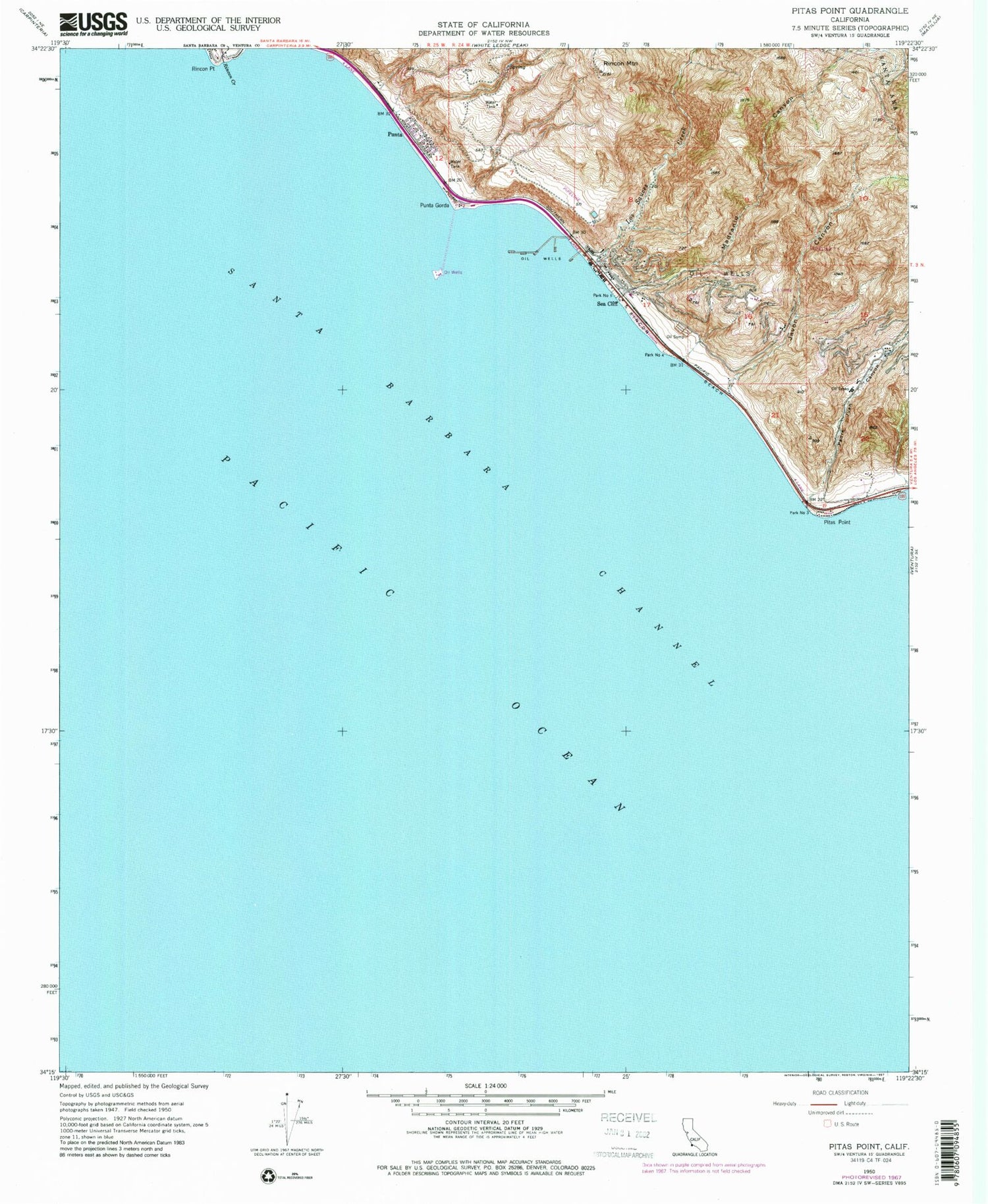 Classic USGS Pitas Point California 7.5'x7.5' Topo Map Image