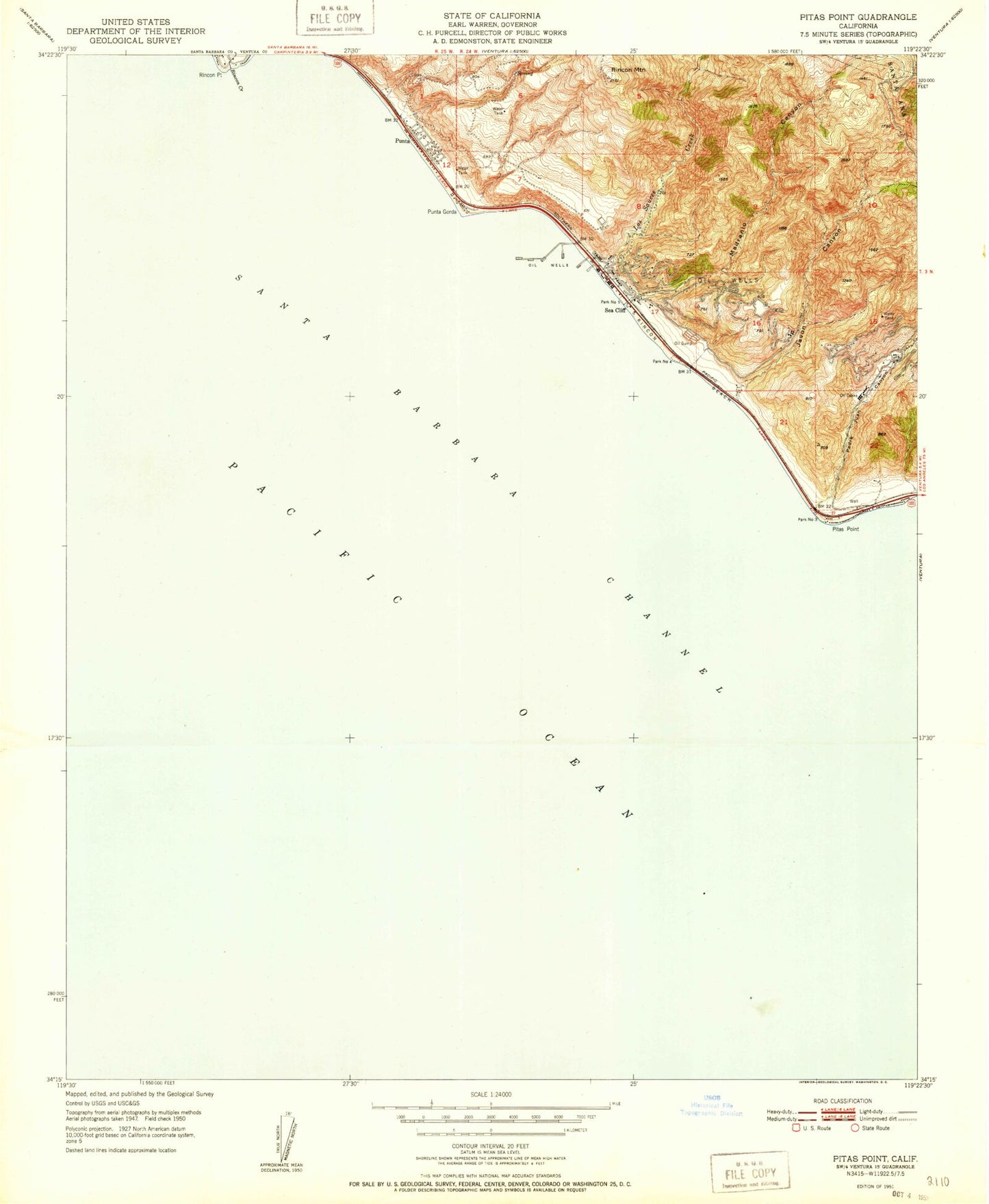 Classic USGS Pitas Point California 7.5'x7.5' Topo Map Image