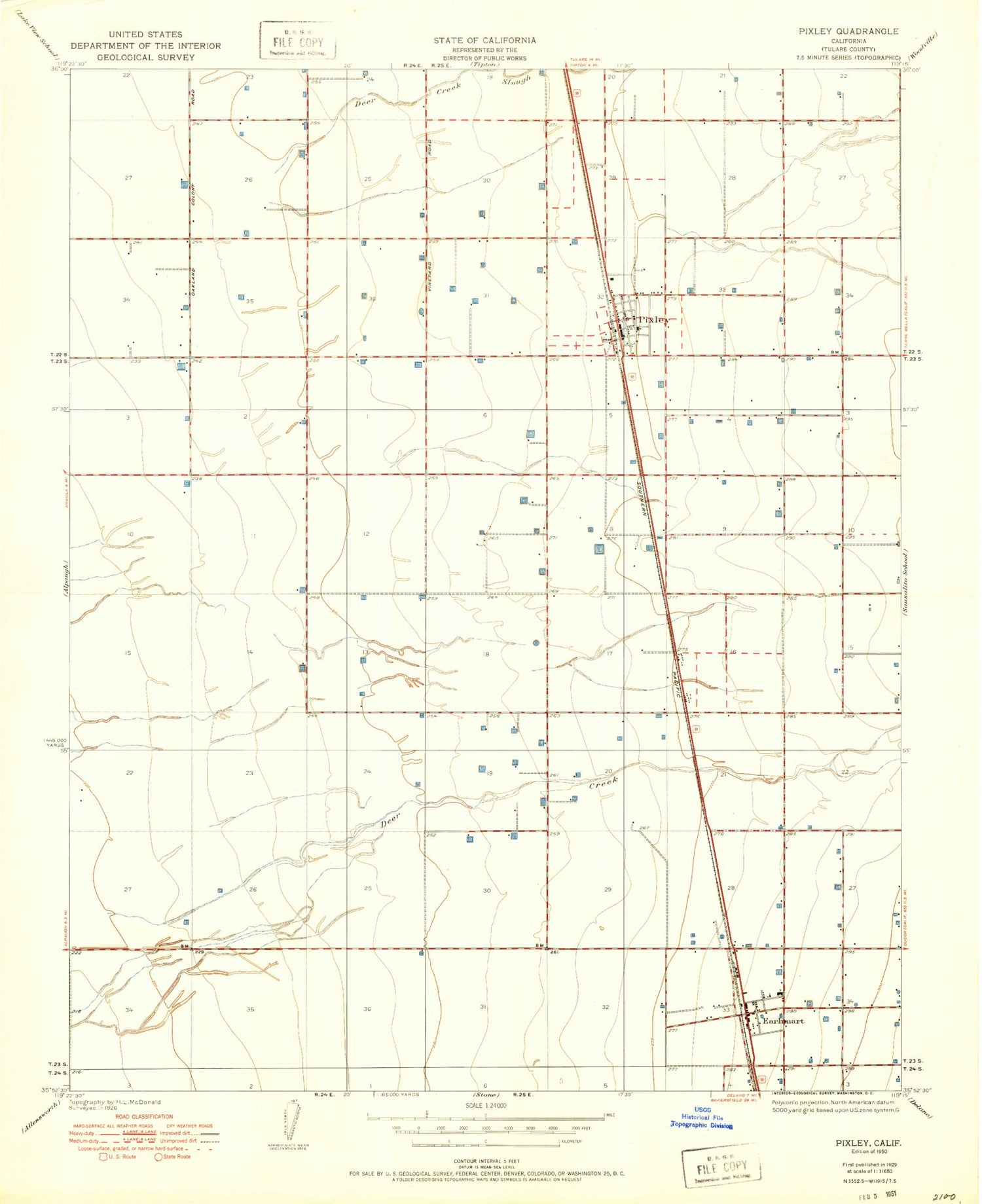 Classic USGS Pixley California 7.5'x7.5' Topo Map Image
