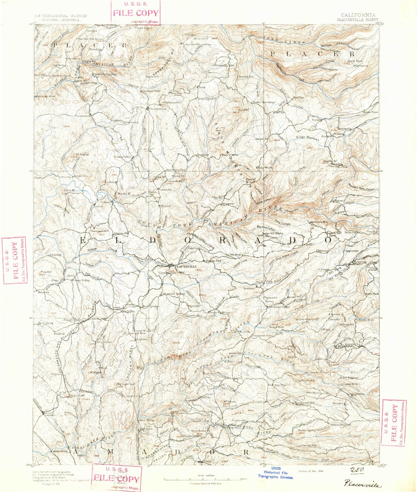 Historic 1891 Placerville California 30'x30' Topo Map Image