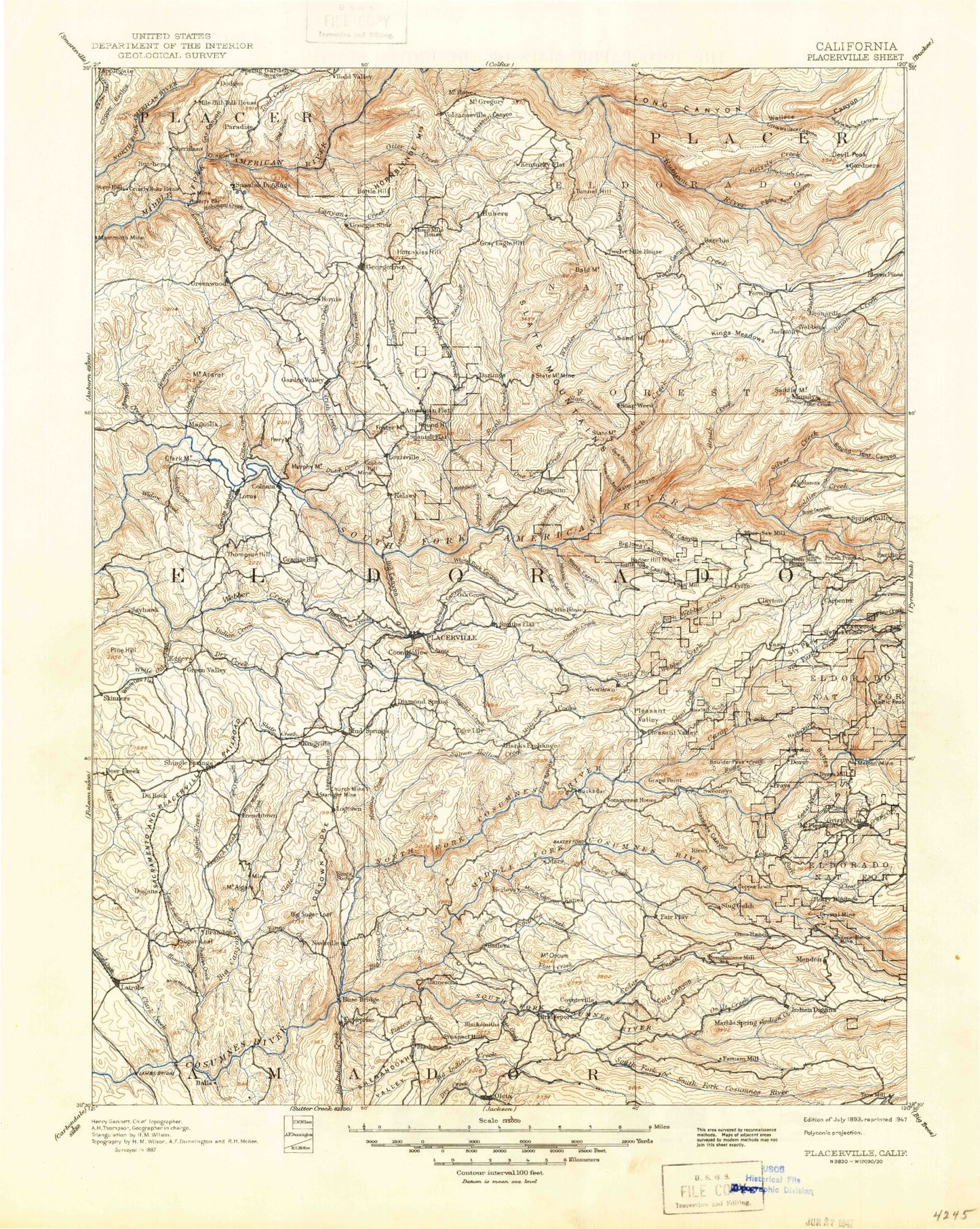 Historic 1893 Placerville California 30'x30' Topo Map Image