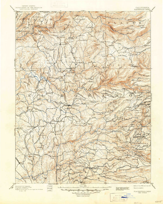 Historic 1893 Placerville California 30'x30' Topo Map Image
