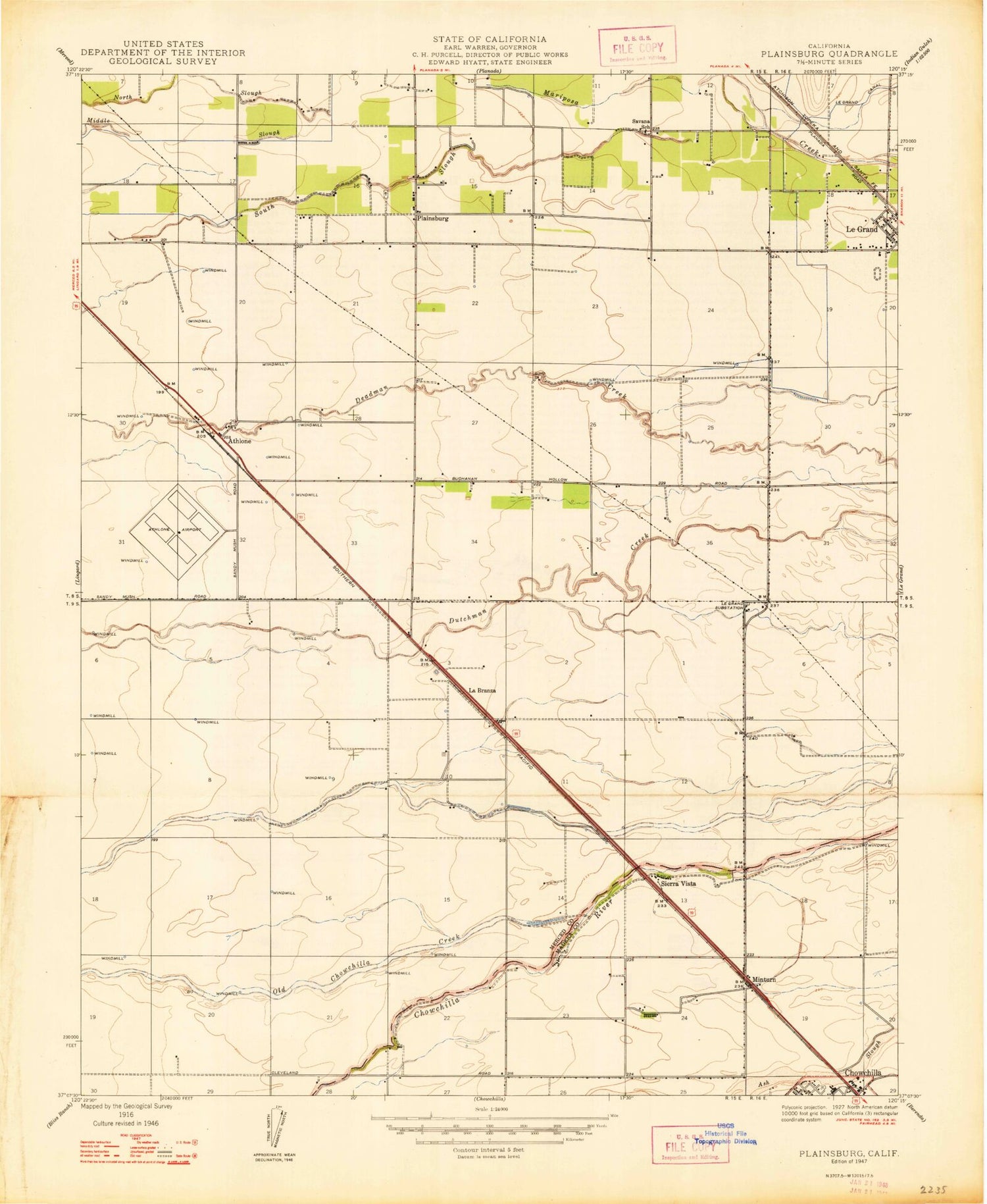 Classic USGS Plainsburg California 7.5'x7.5' Topo Map Image