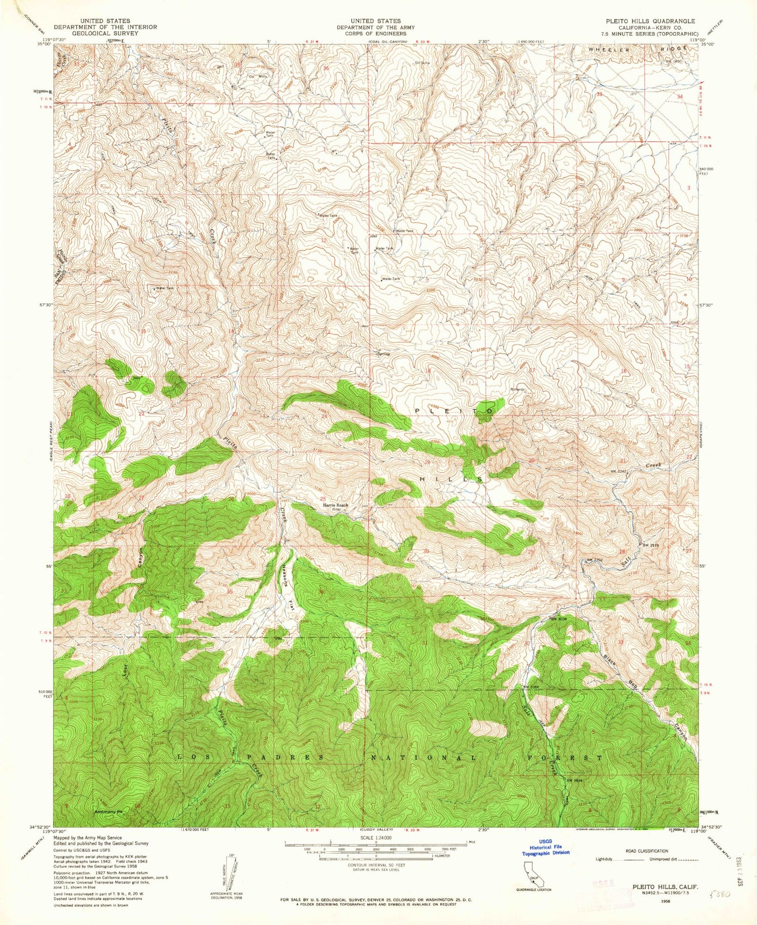 Classic USGS Pleito Hills California 7.5'x7.5' Topo Map Image