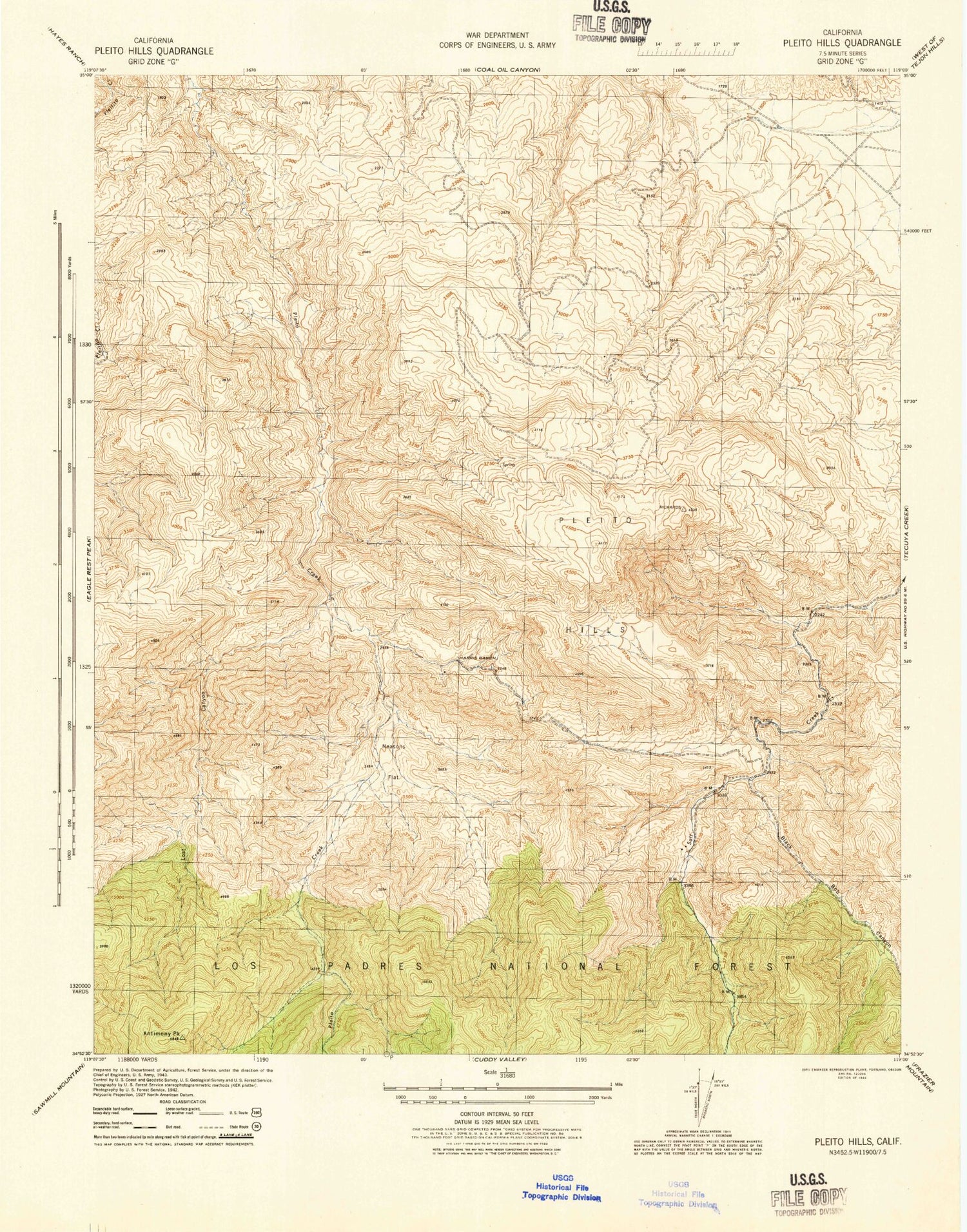 Classic USGS Pleito Hills California 7.5'x7.5' Topo Map Image