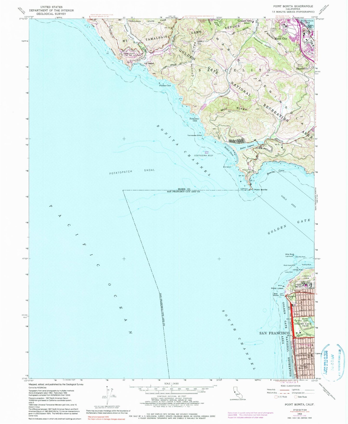 Classic USGS Point Bonita California 7.5'x7.5' Topo Map Image