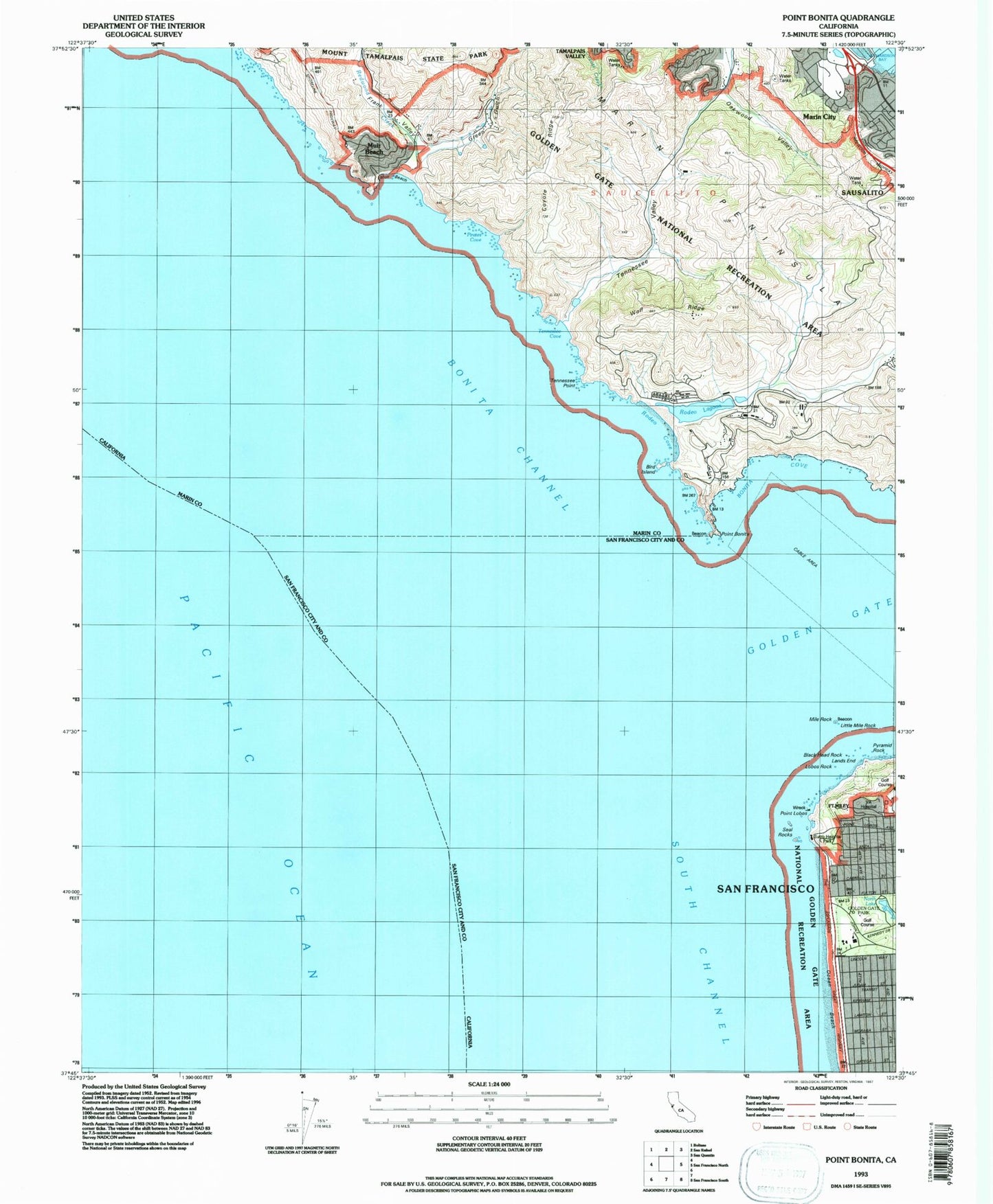 Classic USGS Point Bonita California 7.5'x7.5' Topo Map Image