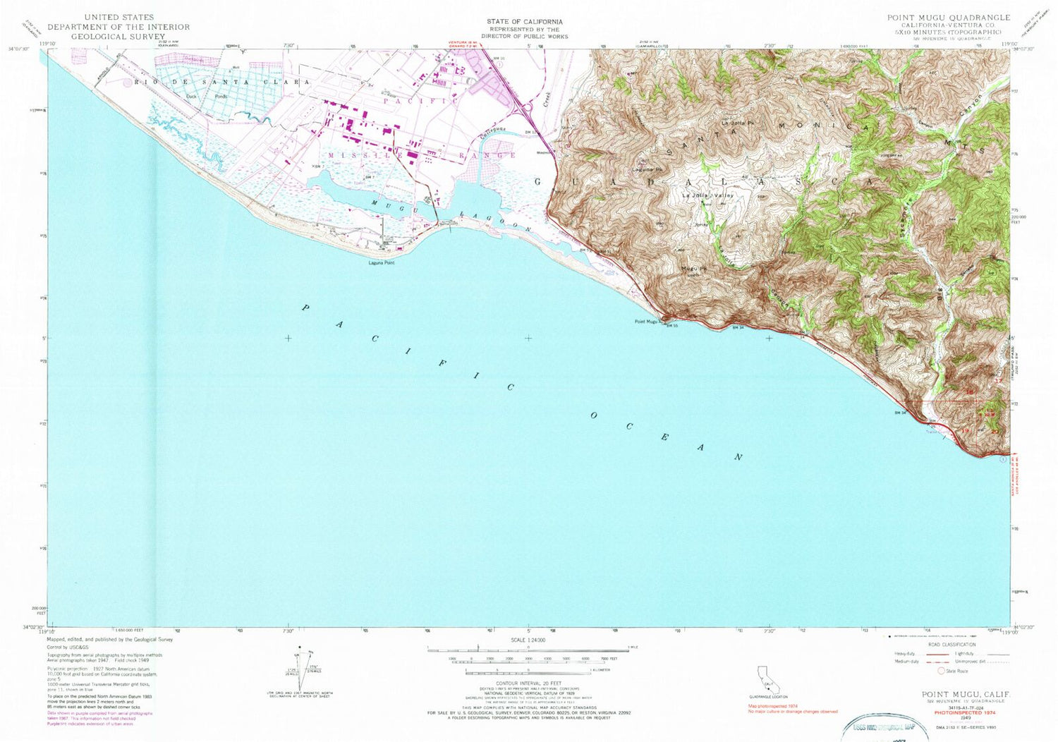 Classic USGS Point Mugu California 7.5'x7.5' Topo Map Image
