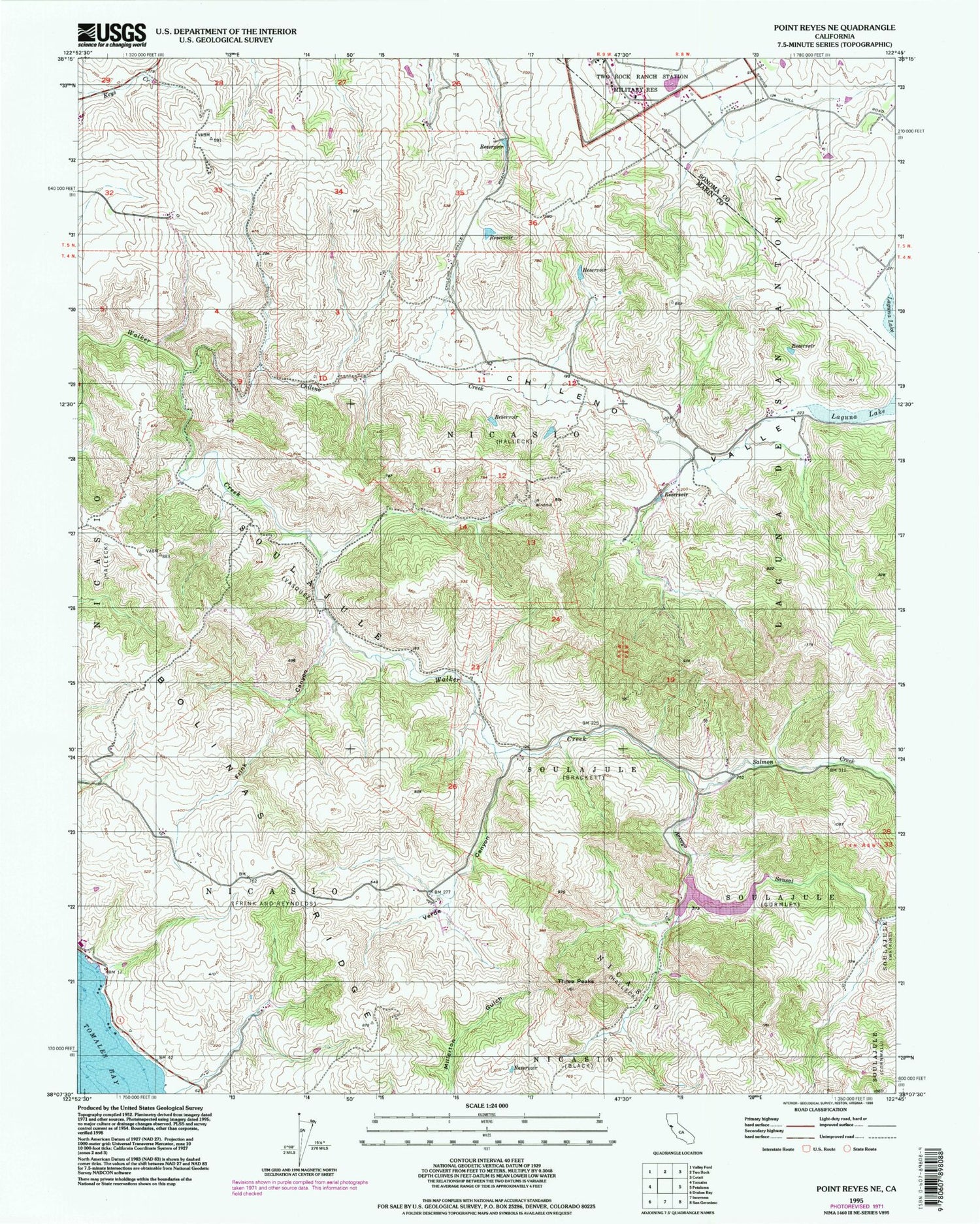 Classic USGS Point Reyes NE California 7.5'x7.5' Topo Map Image