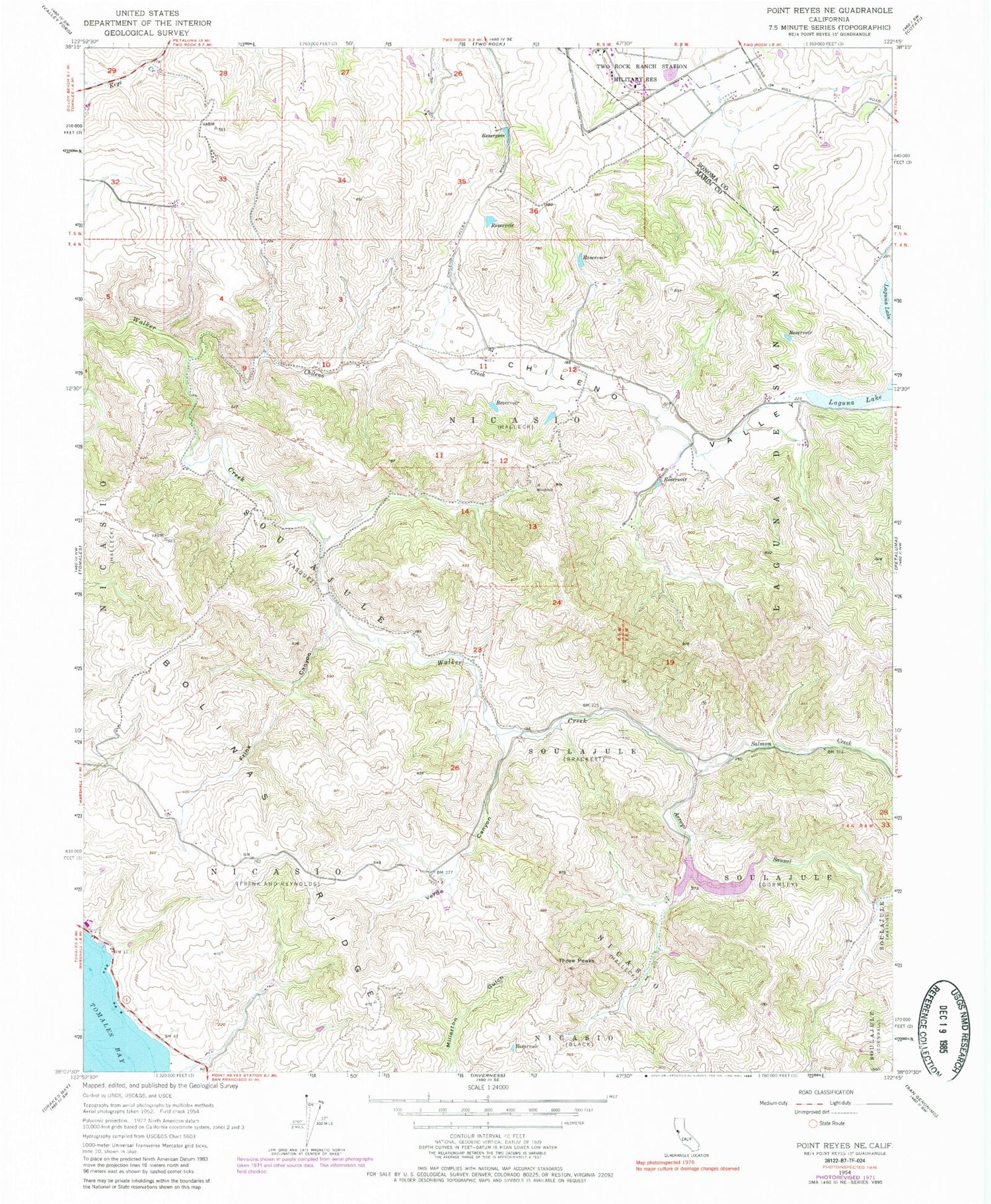Classic USGS Point Reyes NE California 7.5'x7.5' Topo Map Image