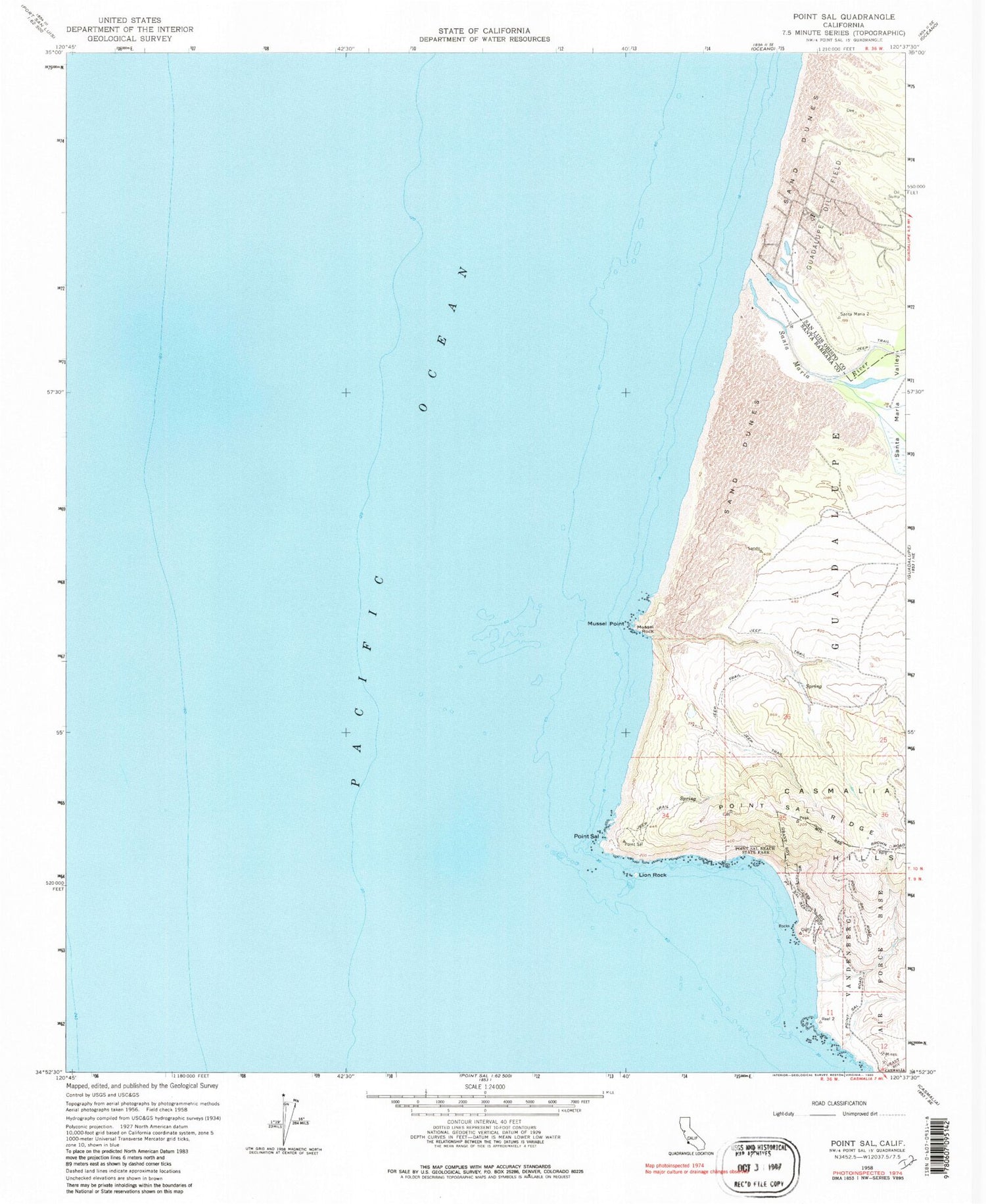 Classic USGS Point Sal California 7.5'x7.5' Topo Map Image