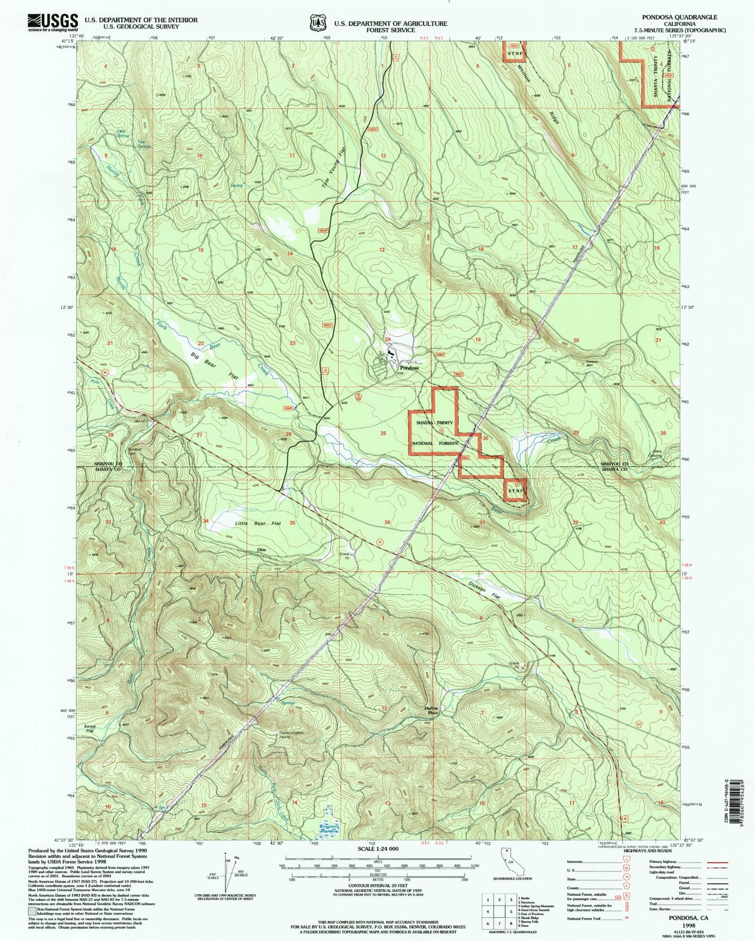 Classic USGS Pondosa California 7.5'x7.5' Topo Map Image