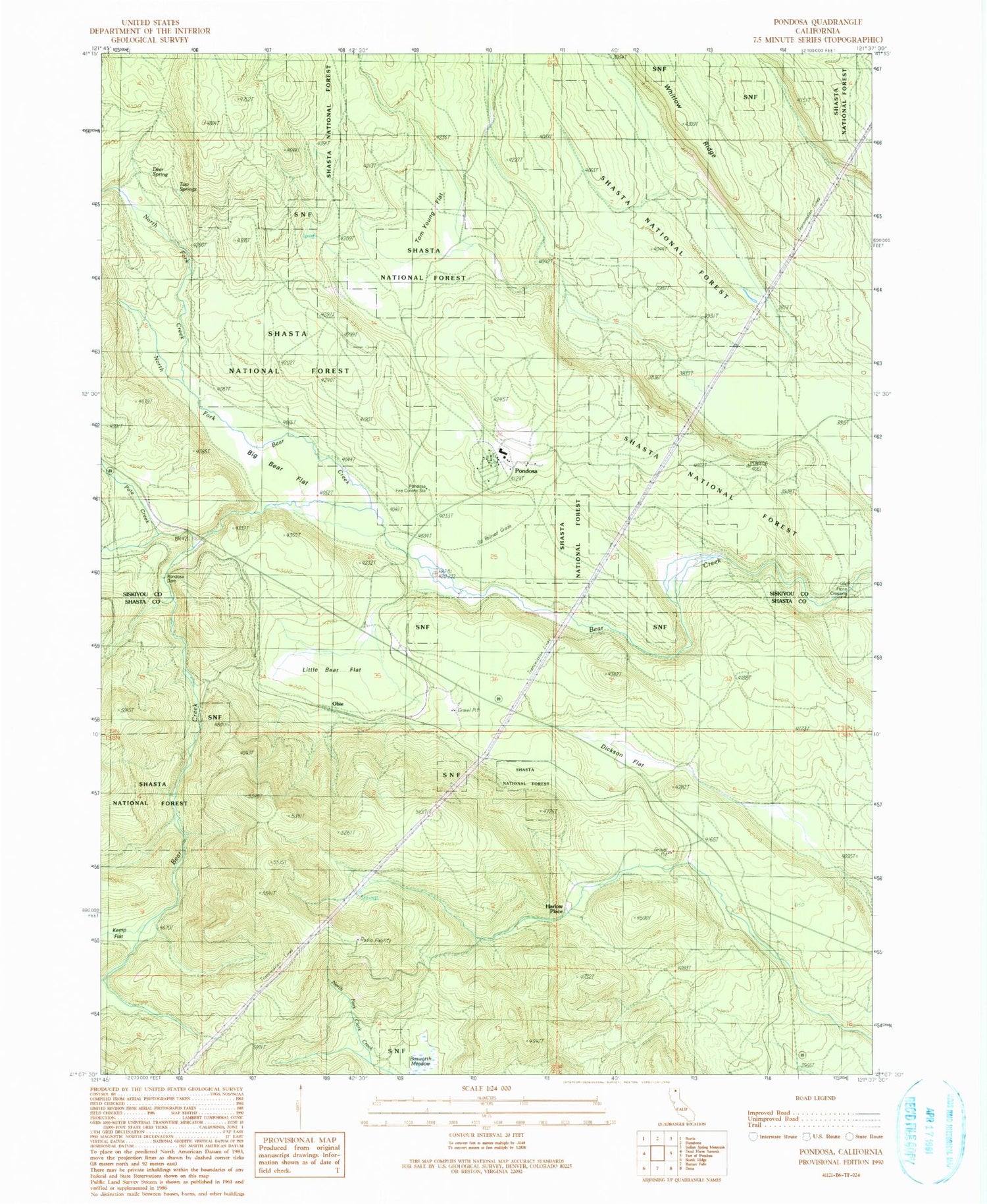 Classic USGS Pondosa California 7.5'x7.5' Topo Map Image