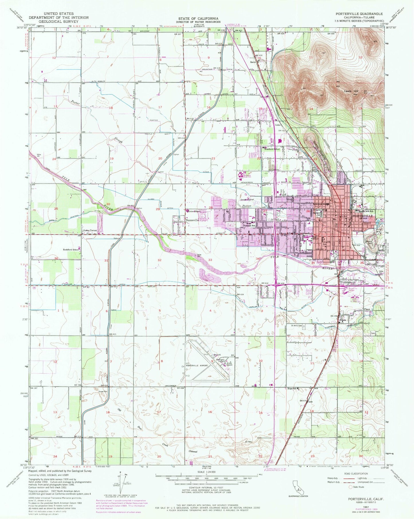 Classic USGS Porterville California 7.5'x7.5' Topo Map Image