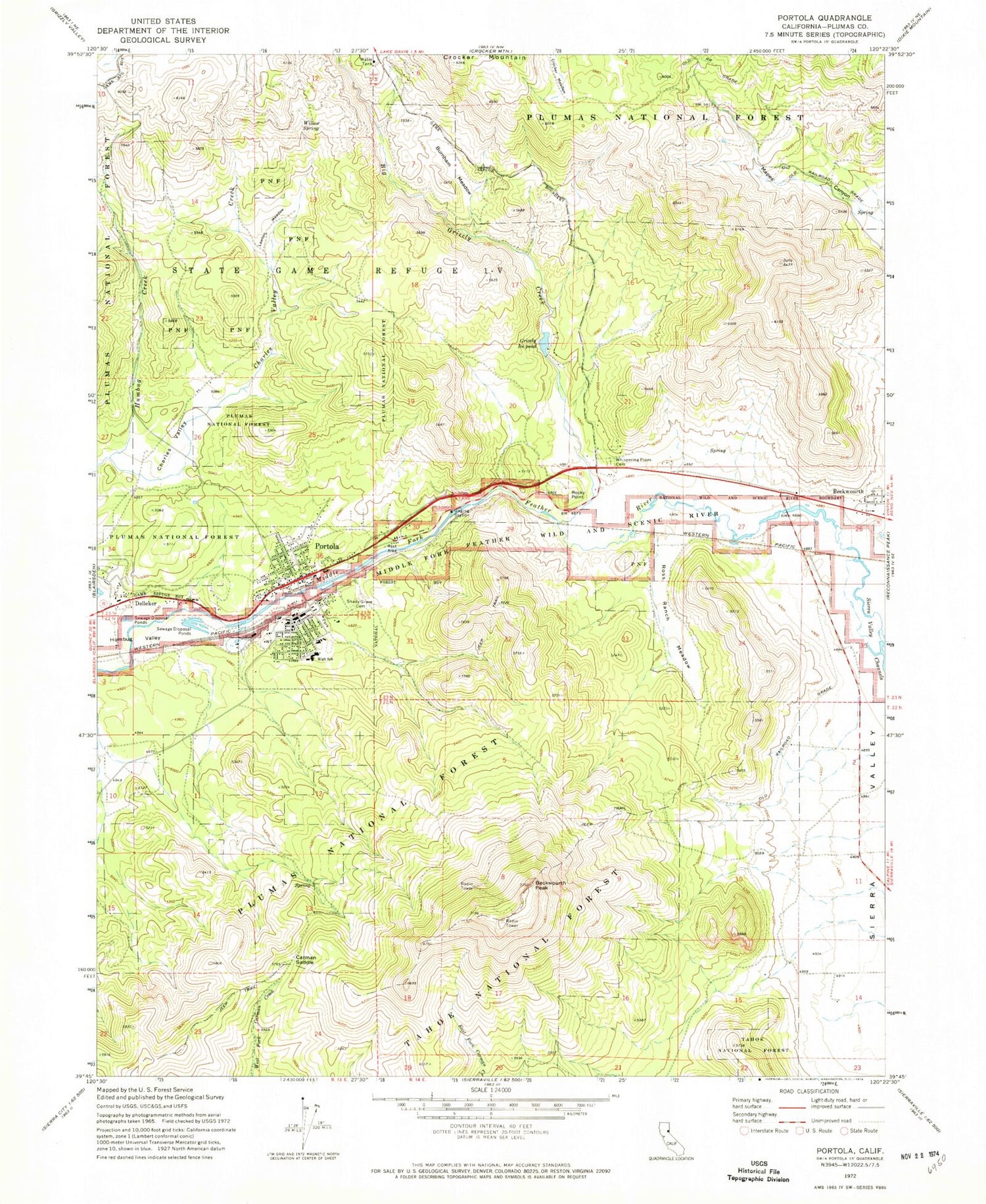 Classic USGS Portola California 7.5'x7.5' Topo Map Image