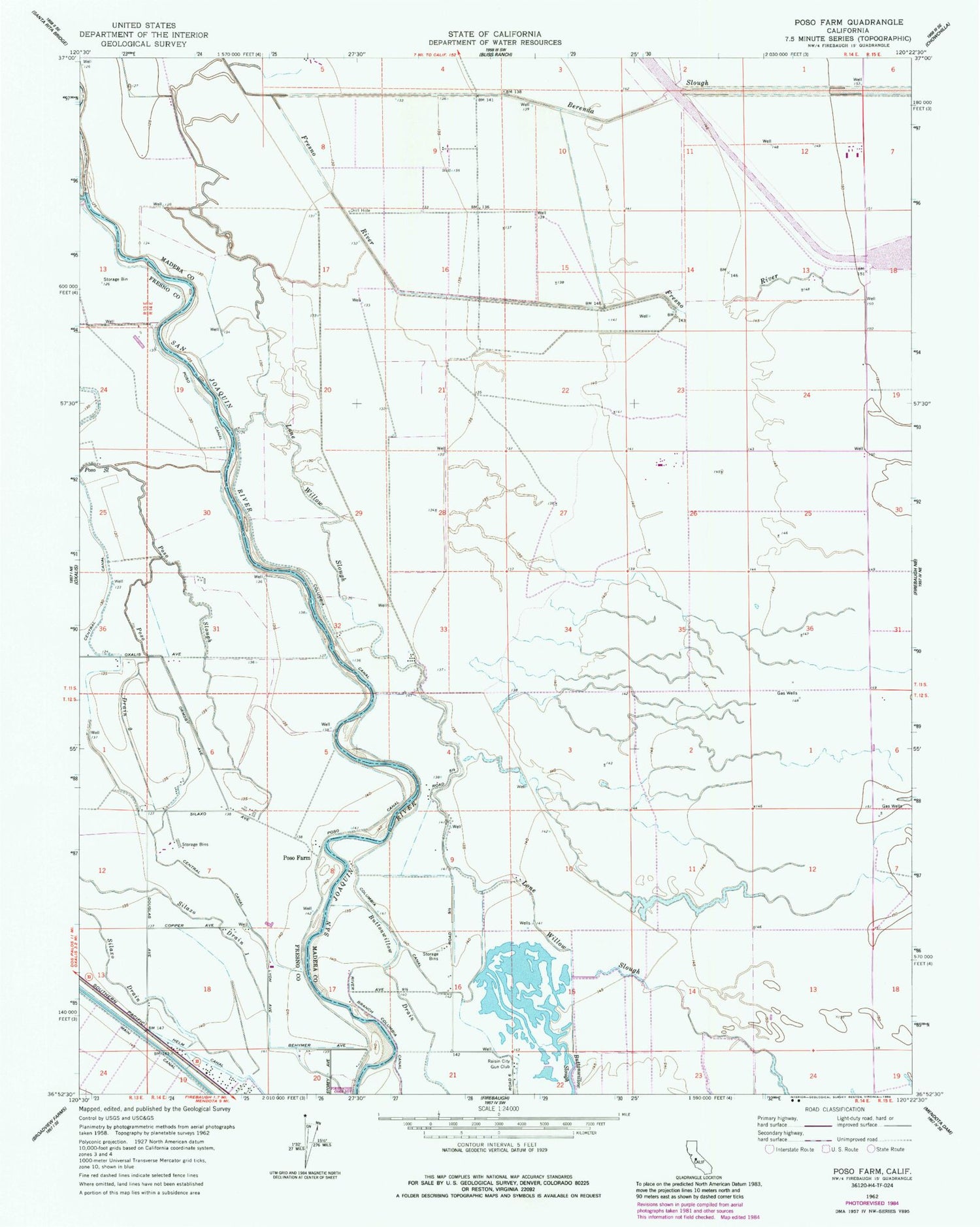 Classic USGS Poso Farm California 7.5'x7.5' Topo Map Image