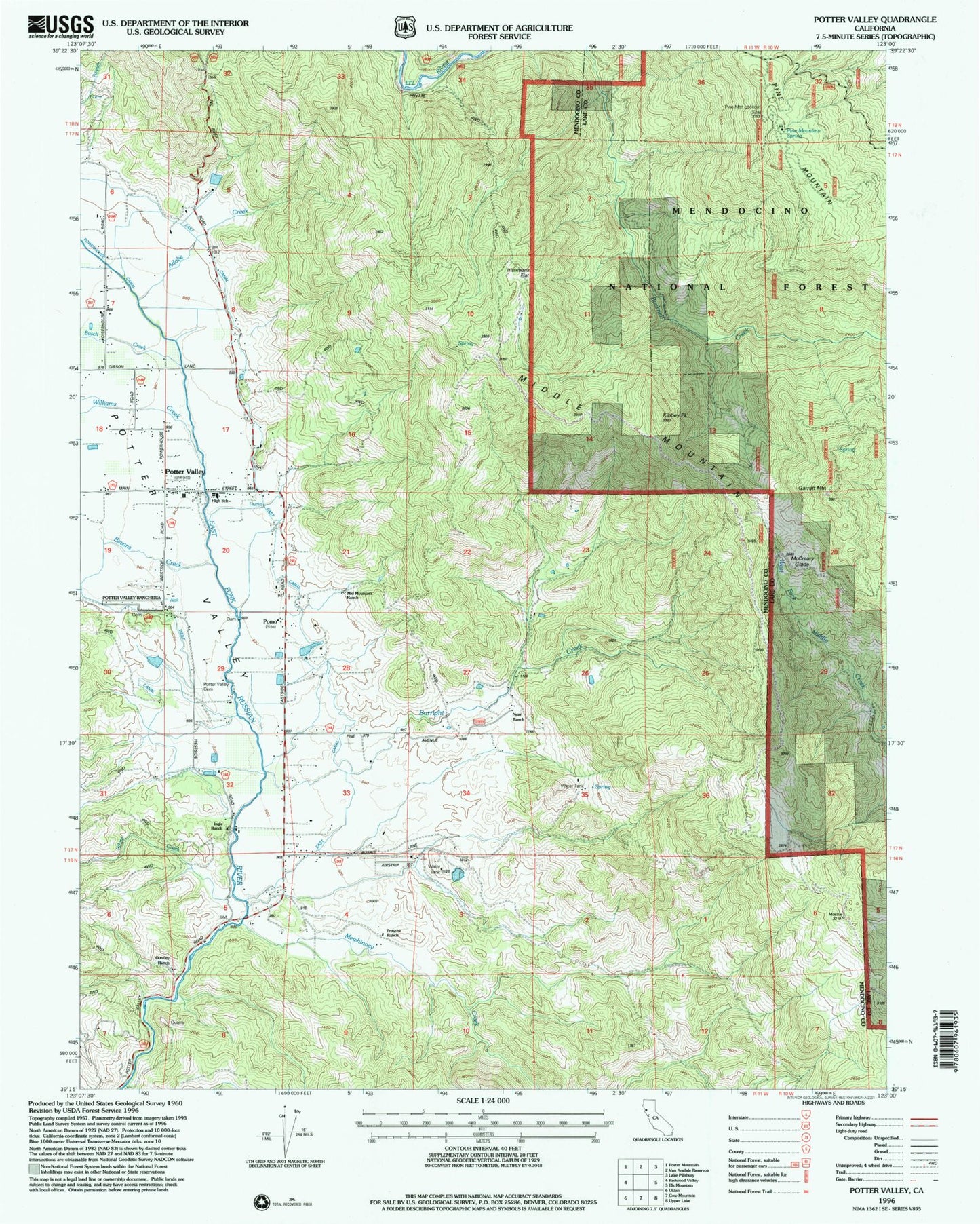 Classic USGS Potter Valley California 7.5'x7.5' Topo Map Image