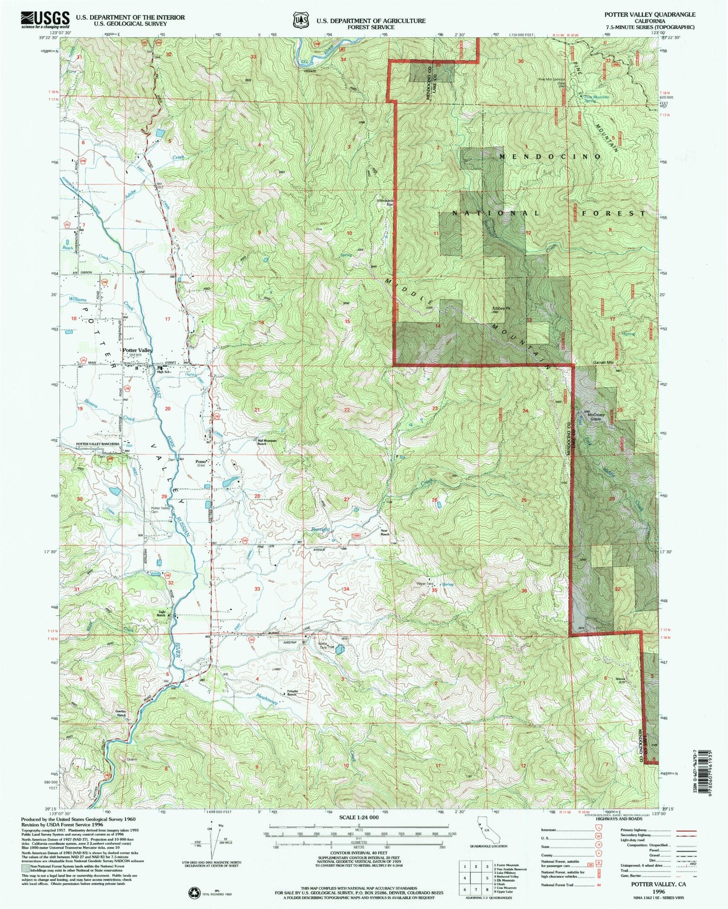 Classic USGS Potter Valley California 7.5'x7.5' Topo Map Image