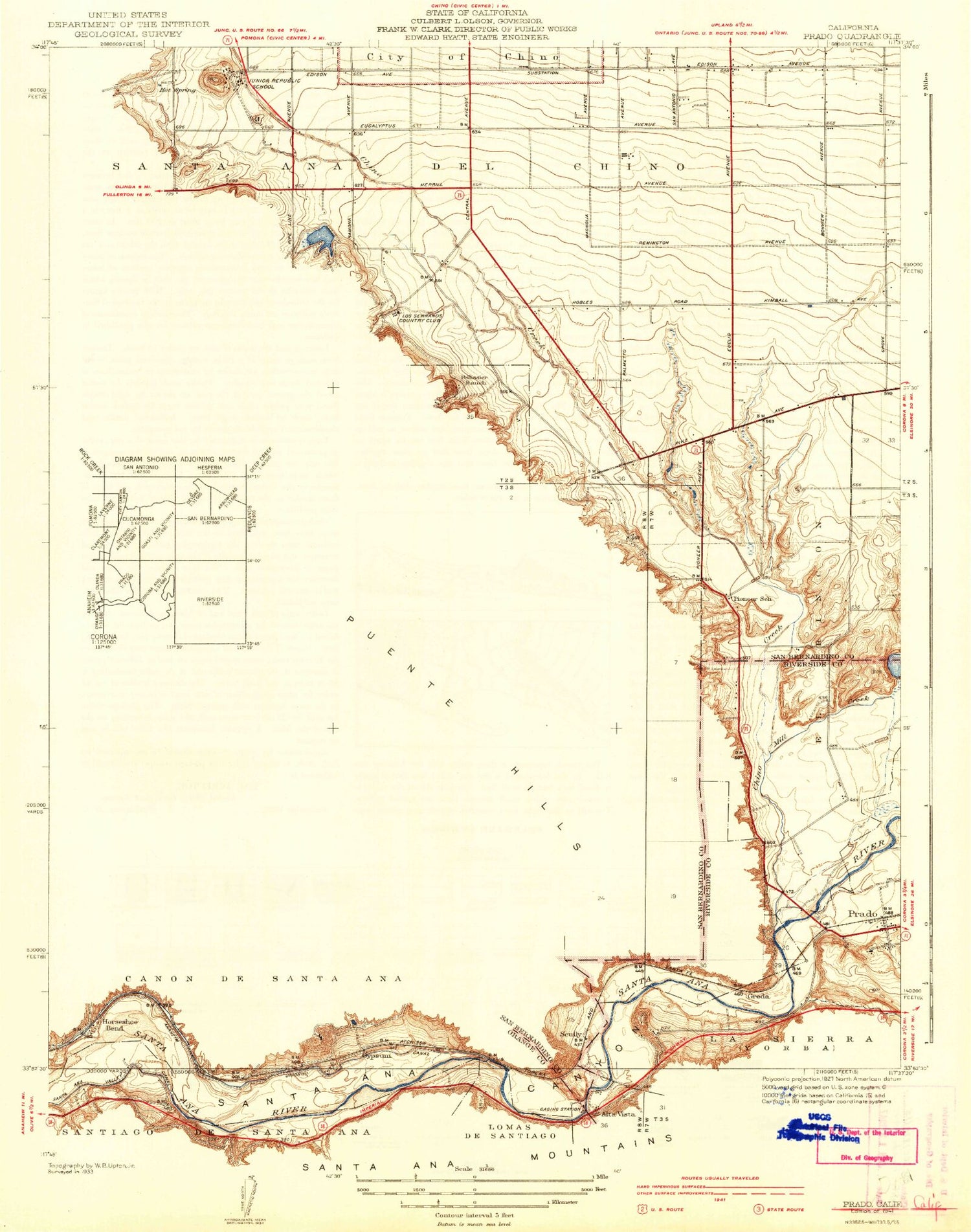 Classic USGS Prado Dam California 7.5'x7.5' Topo Map Image