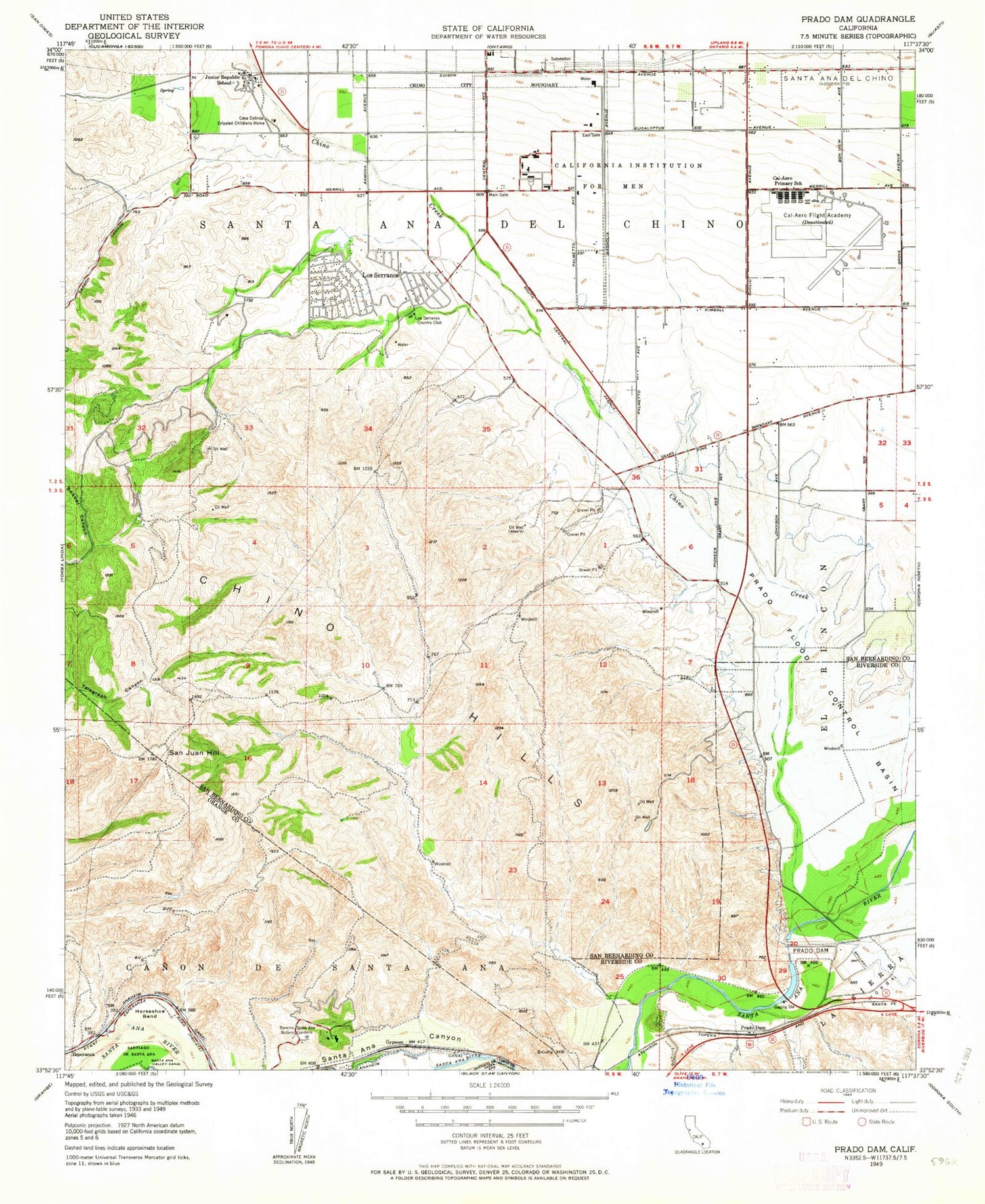 Classic USGS Prado Dam California 7.5'x7.5' Topo Map Image