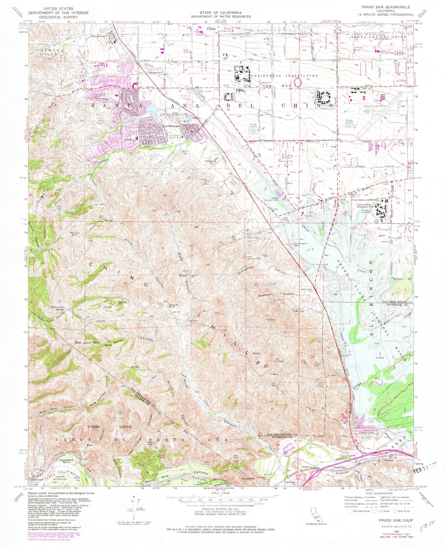 Classic USGS Prado Dam California 7.5'x7.5' Topo Map Image