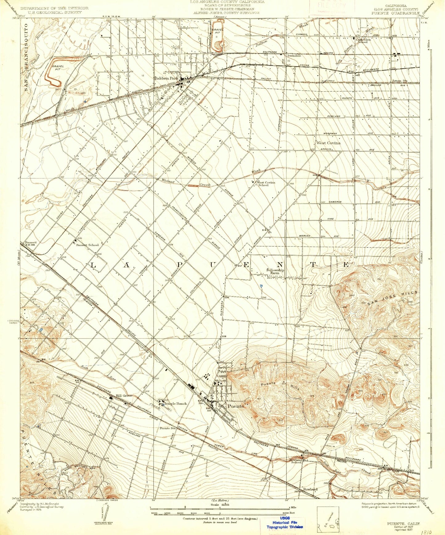 Classic USGS Puente California 7.5'x7.5' Topo Map Image