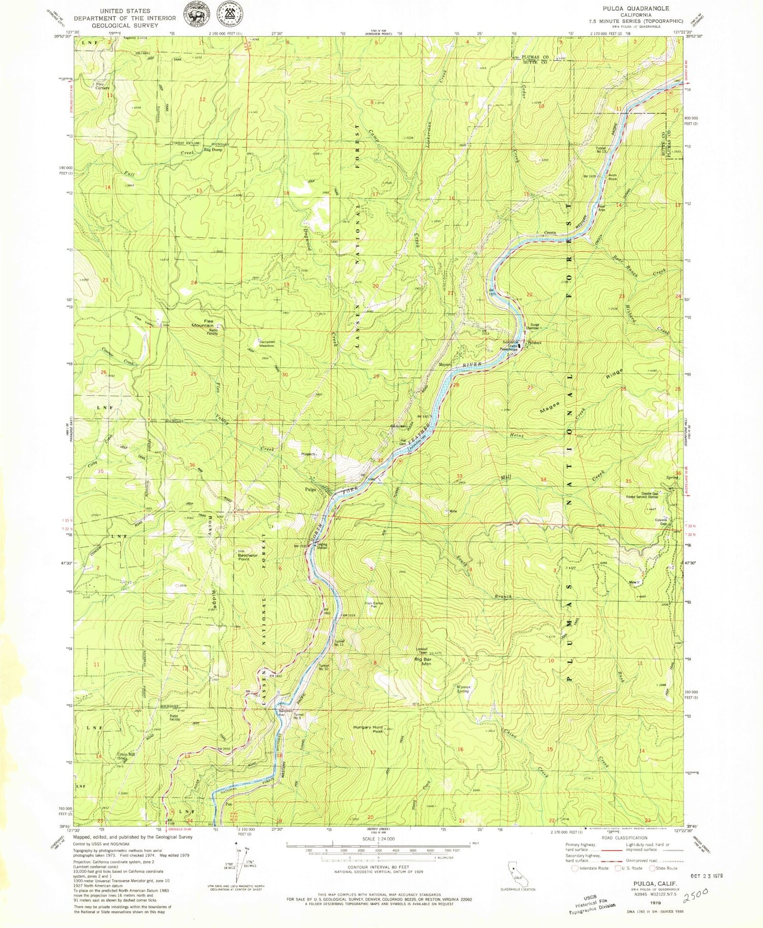 Classic USGS Pulga California 7.5'x7.5' Topo Map Image