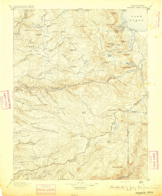 Historic 1895 Pyramid Peak California 30'x30' Topo Map Image