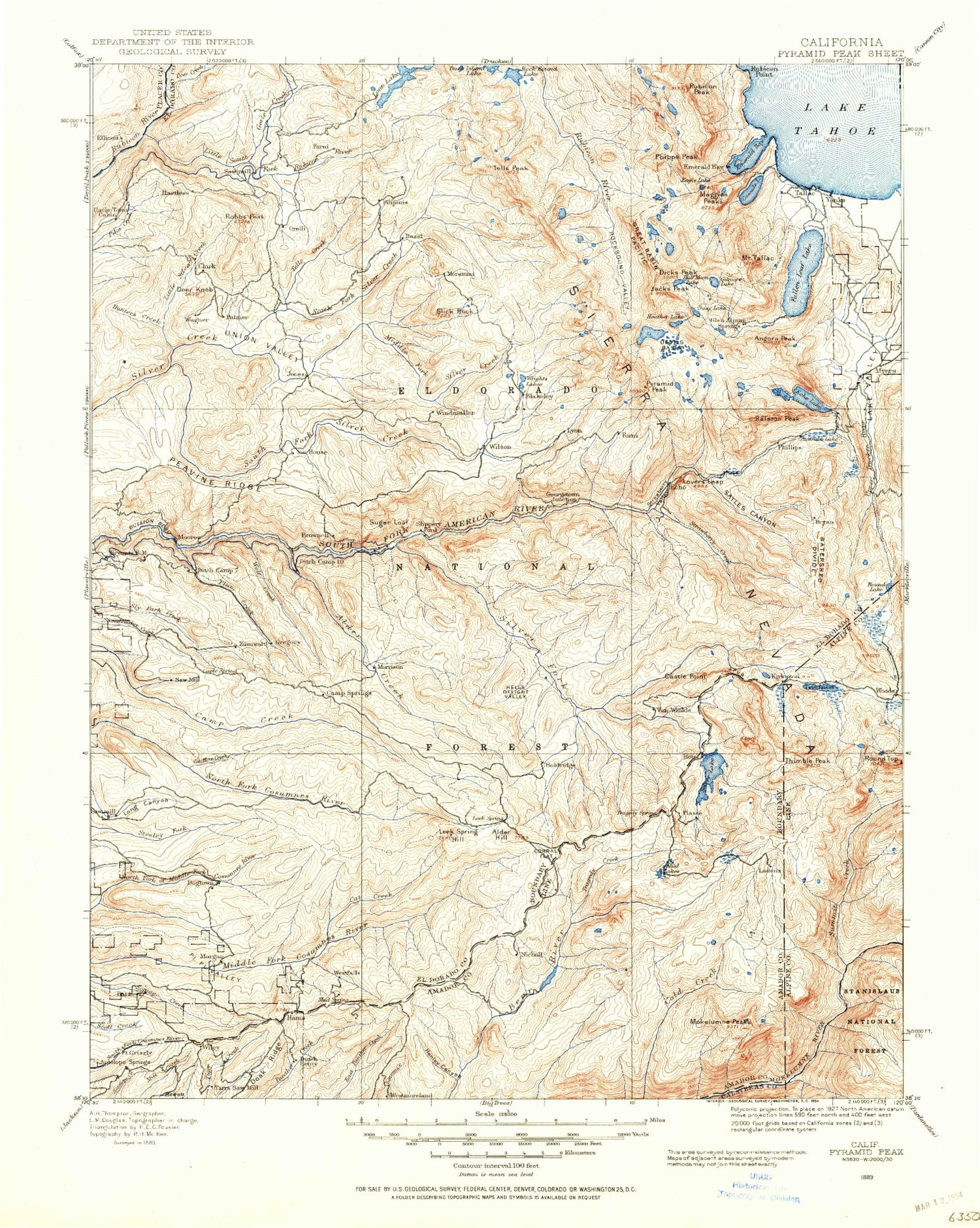 Historic 1889 Pyramid Peak California 30'x30' Topo Map Image